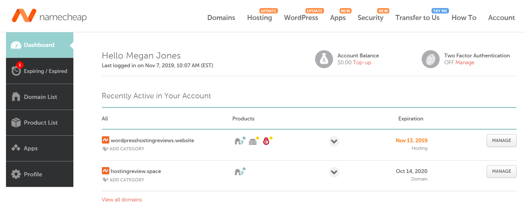 Namecheap Dashboard vs Bluehost