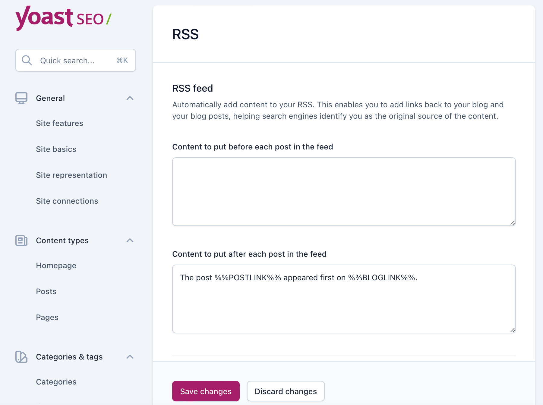 Yoast SEO RSS settings.