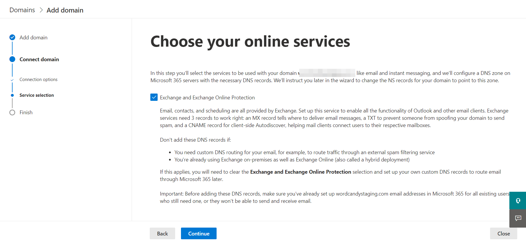 Choosing the online services for the Microsoft account