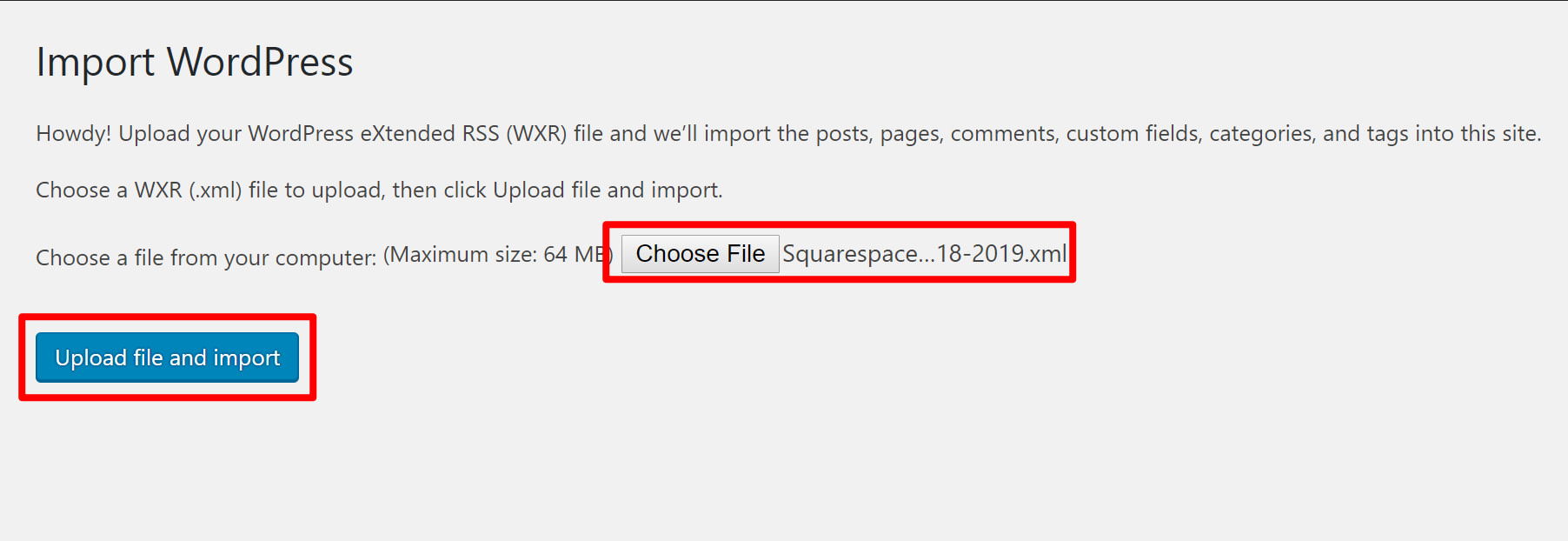 Choose Squarespace export file for WordPress