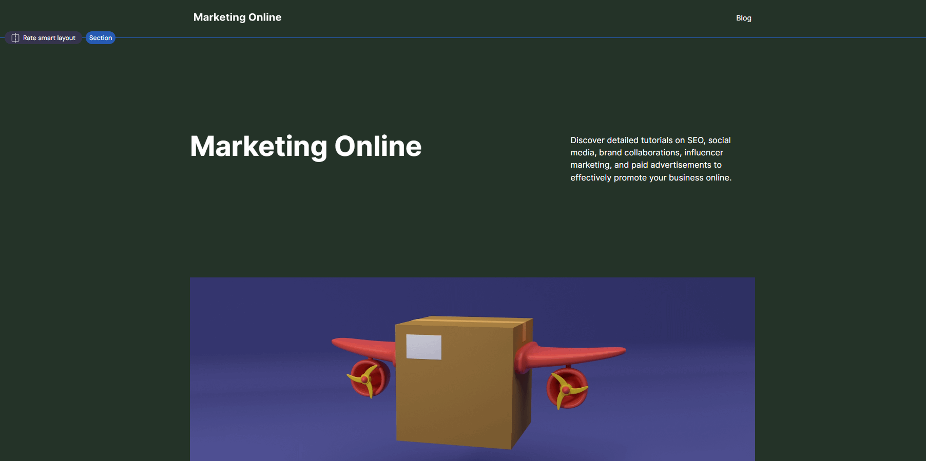 Forest green website with the header "Marketing Online" on one side and a short blurb about detailed tutorials on the other side.