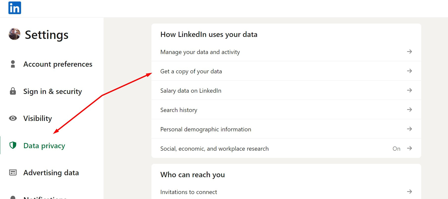 How to find someone's email address by getting a copy of your data in LinkedIn.
