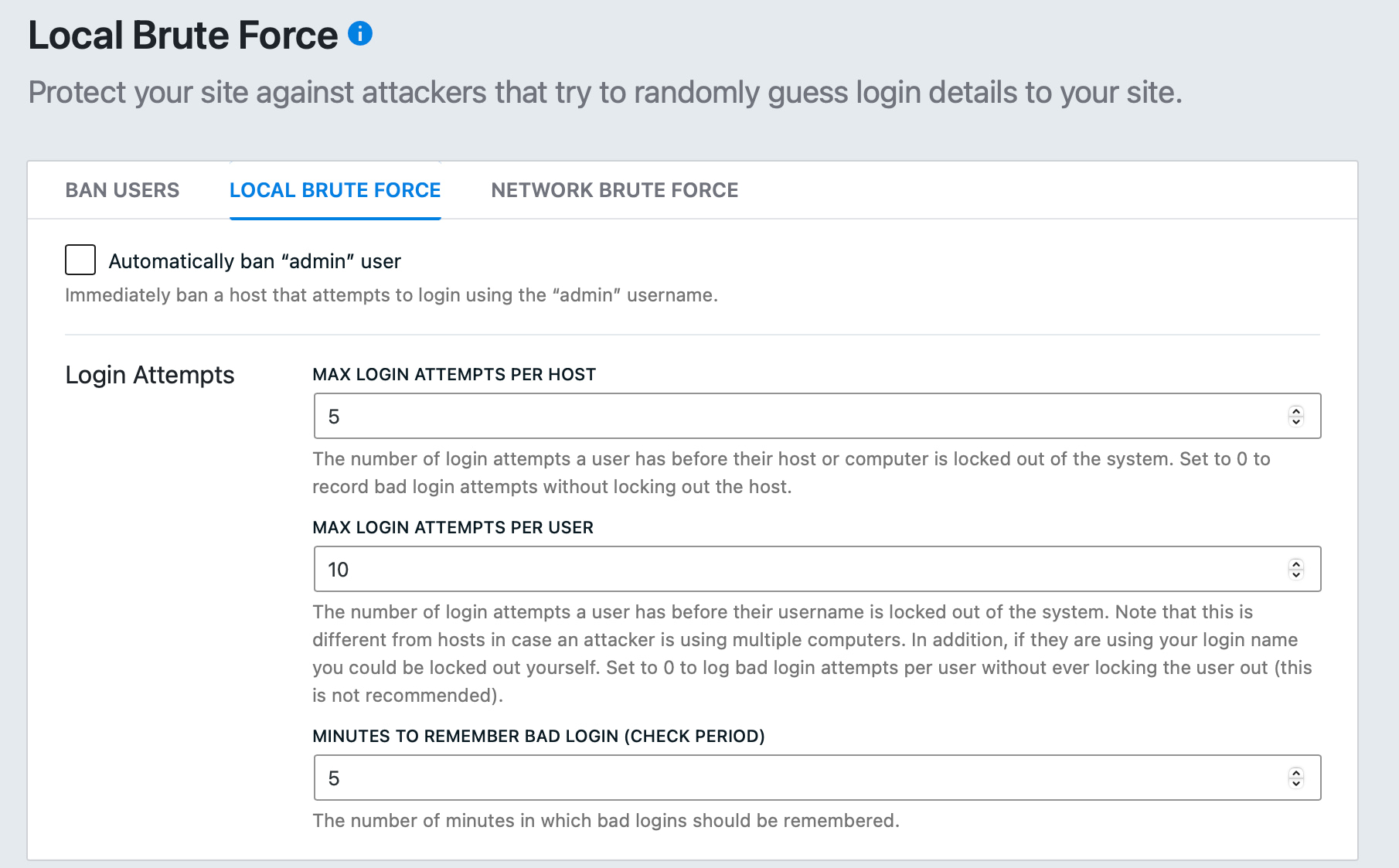 iThemes brute force protection settings.