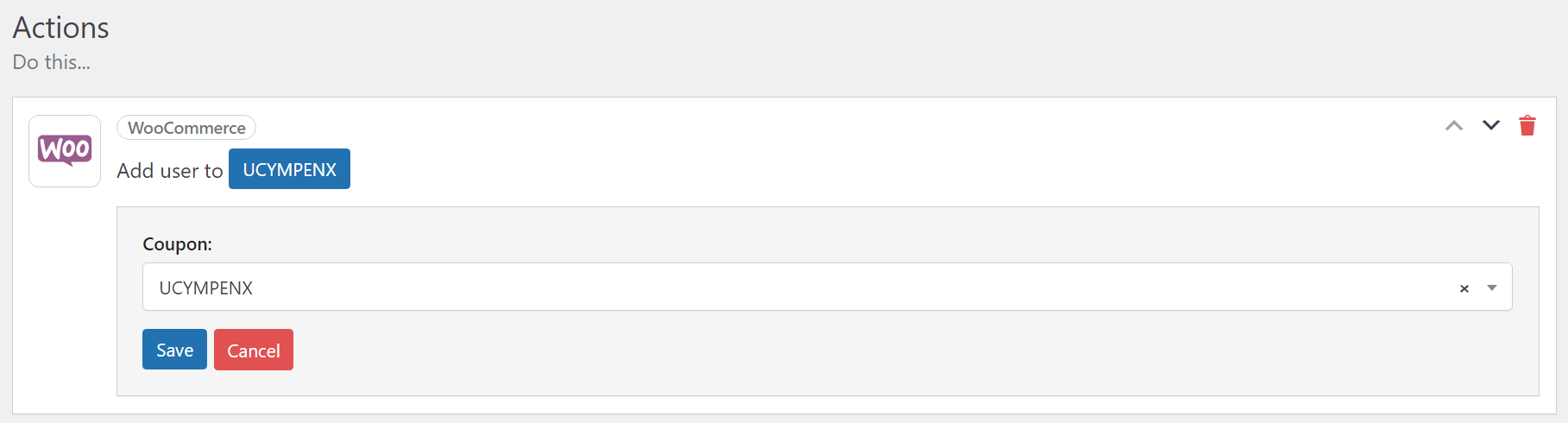 Configuring an action for a WooCommerce automation.