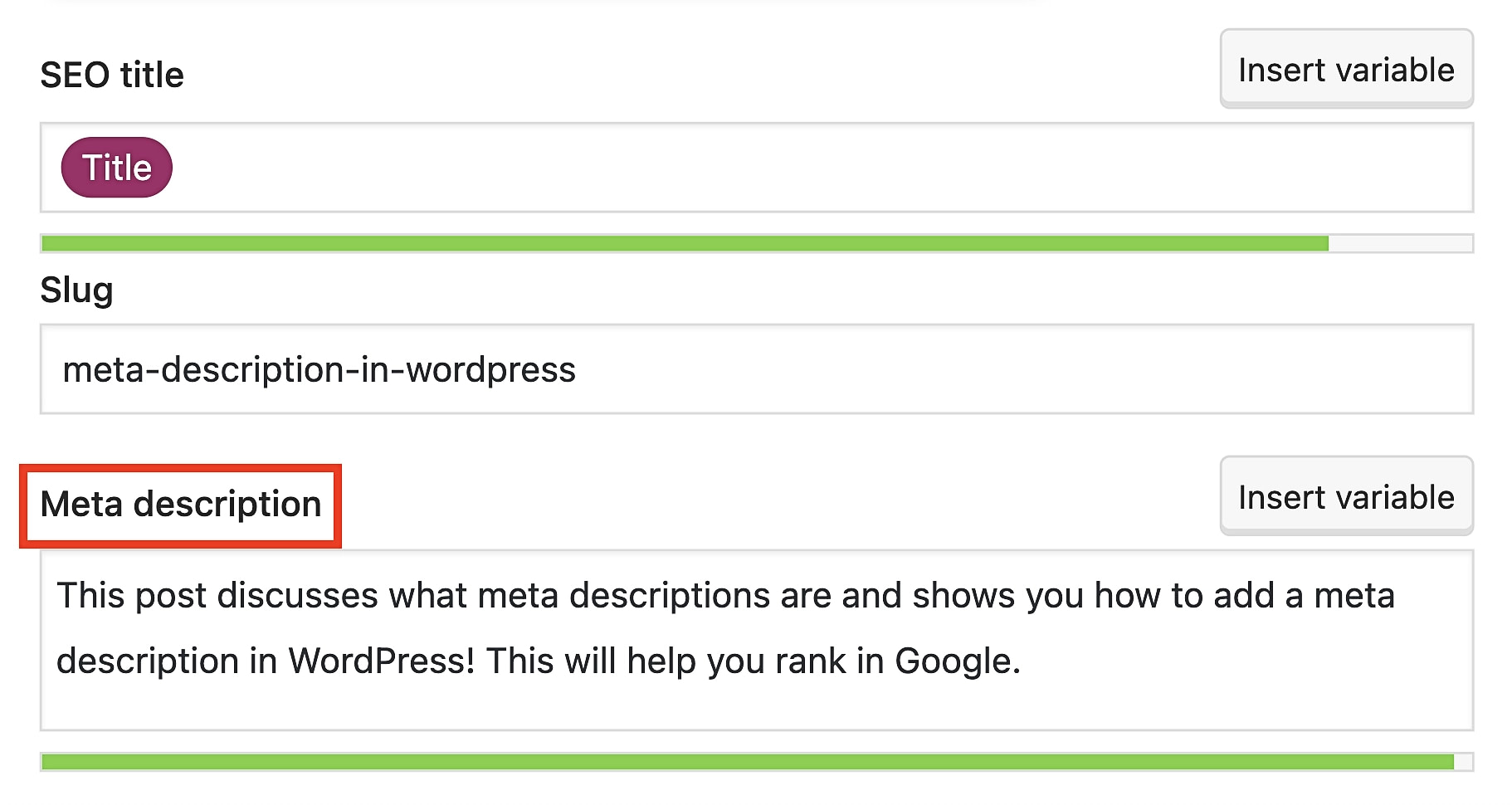 A meta description in WordPress.