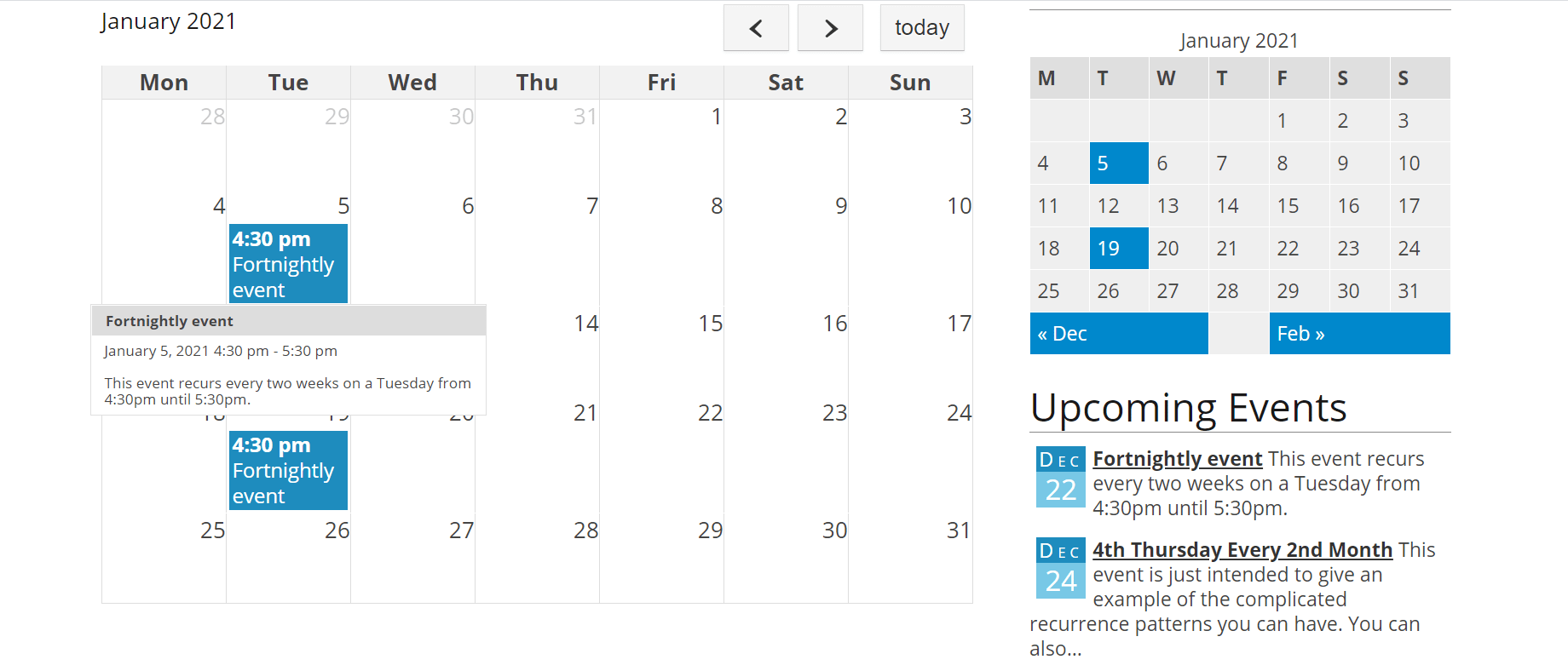 Example event calendar created with the Event Organiser plugin.