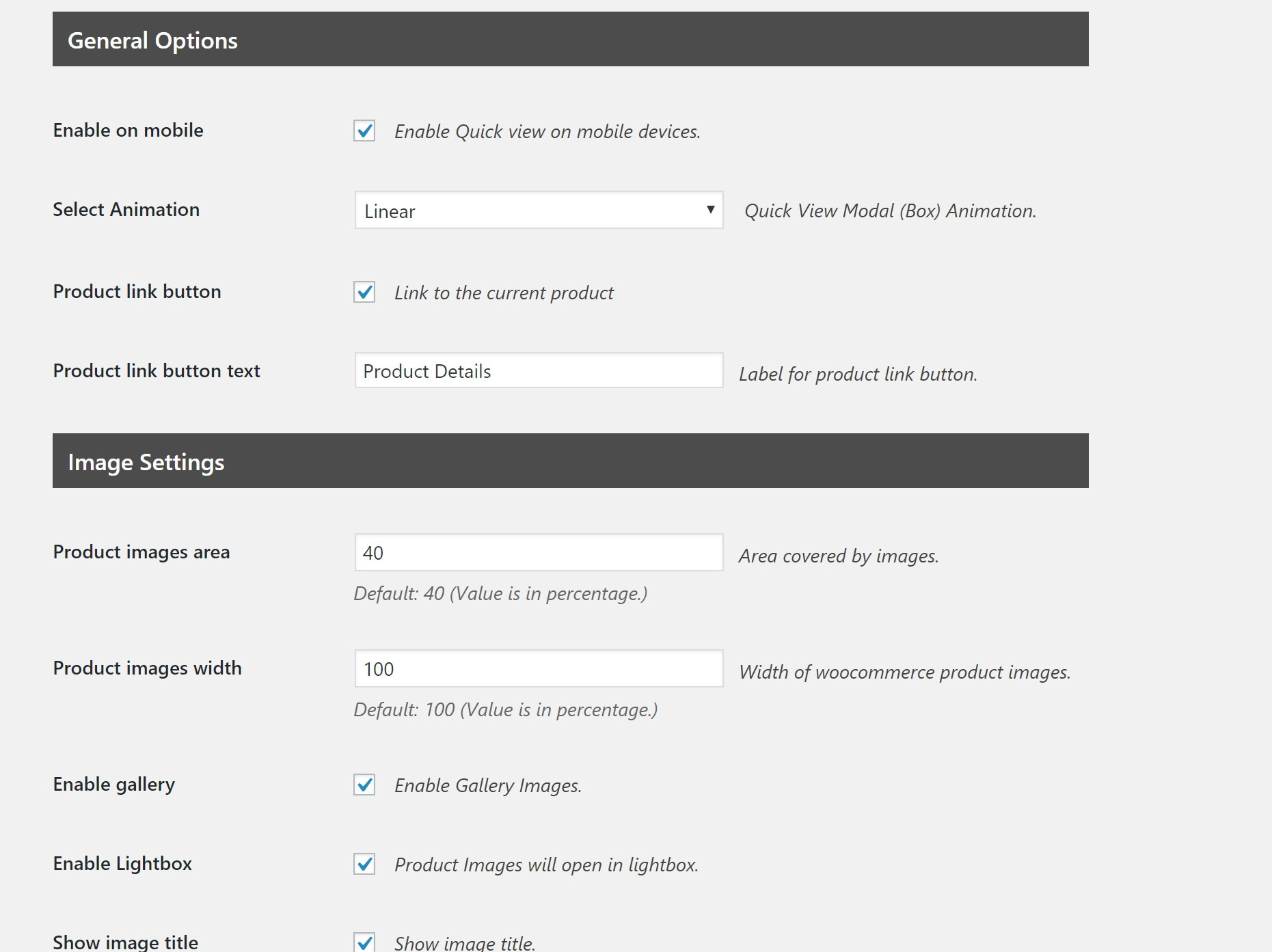 Quick View WooCommerce settings