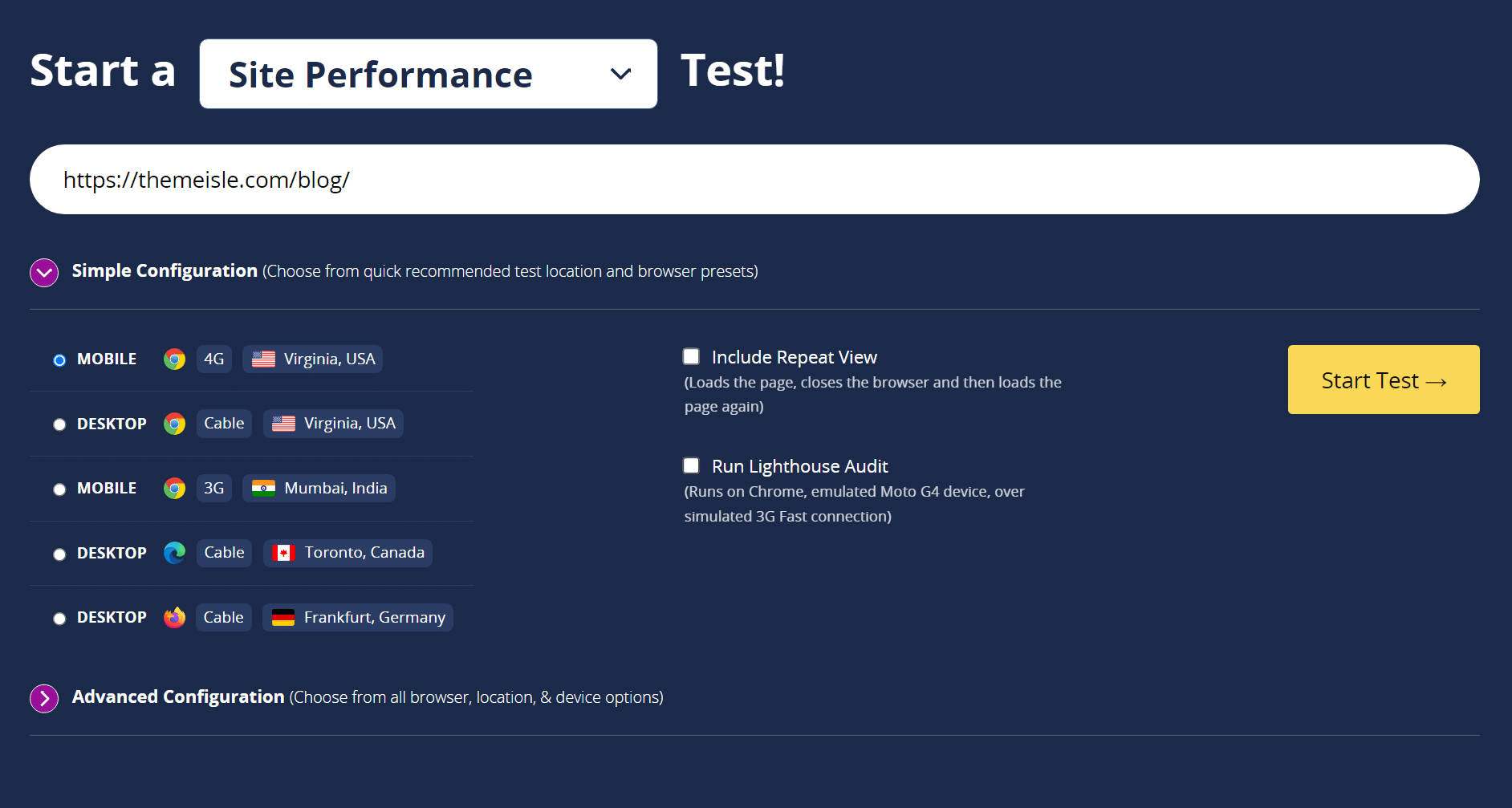 WebPageTest simple configuration.