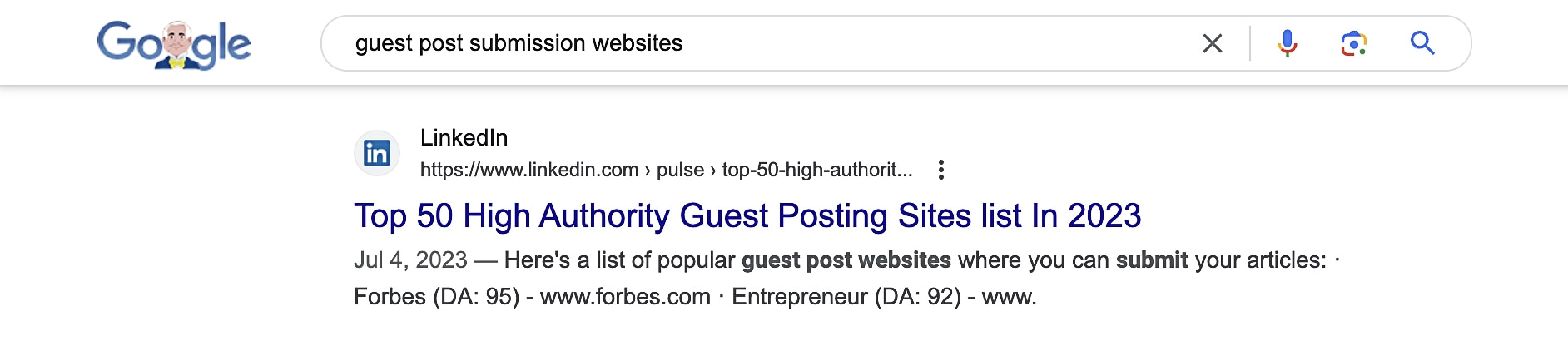 A search for blogs that accept guest post submissions.