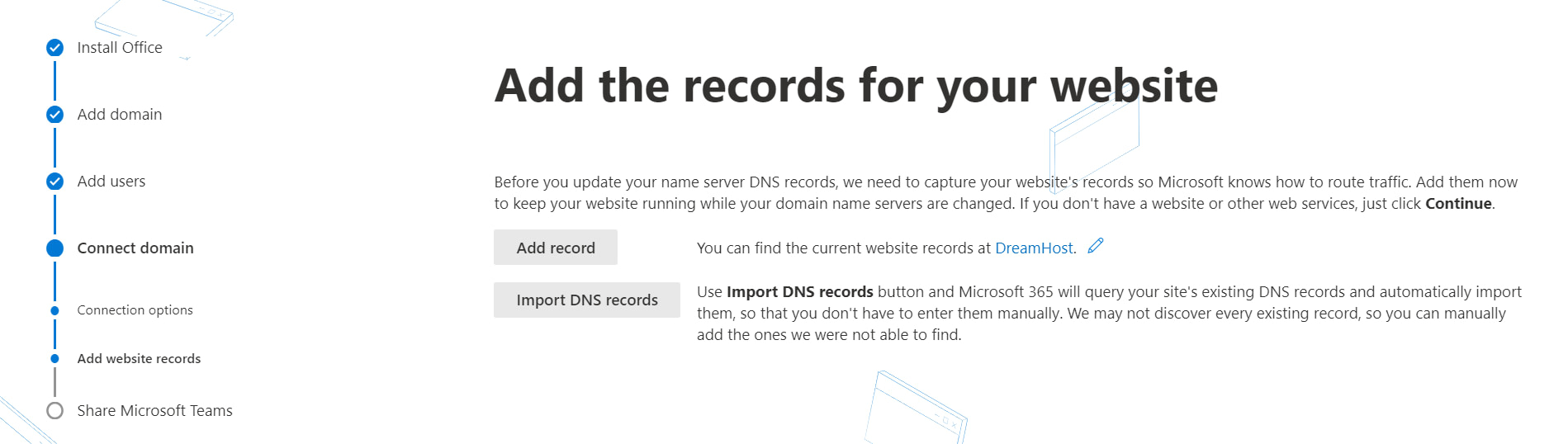 Setting up a custom email address requires adding website records with Office 365.