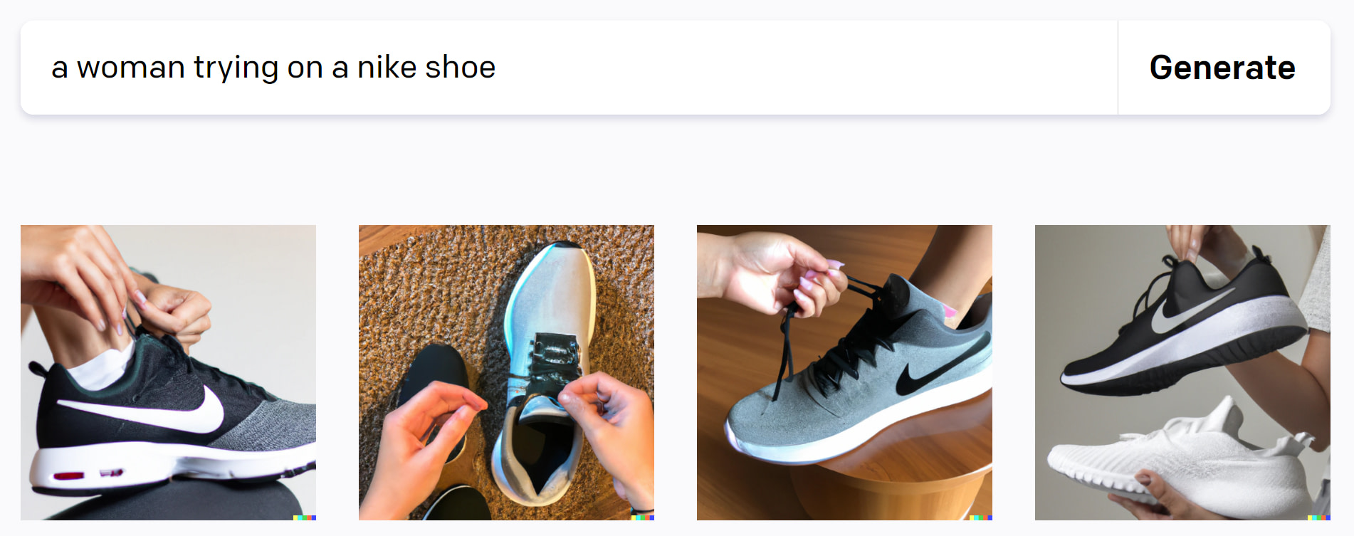 AI web design tools can be used to generate graphics such as a woman trying on a Nike shoe (as shown here).