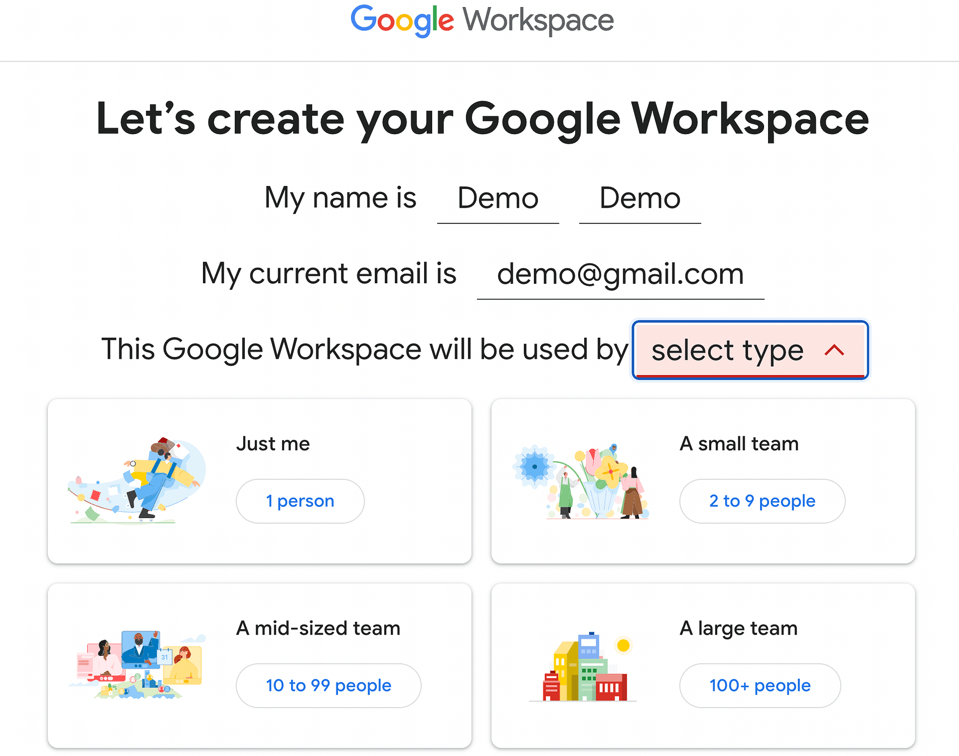 Select who will use Google Workspace account.