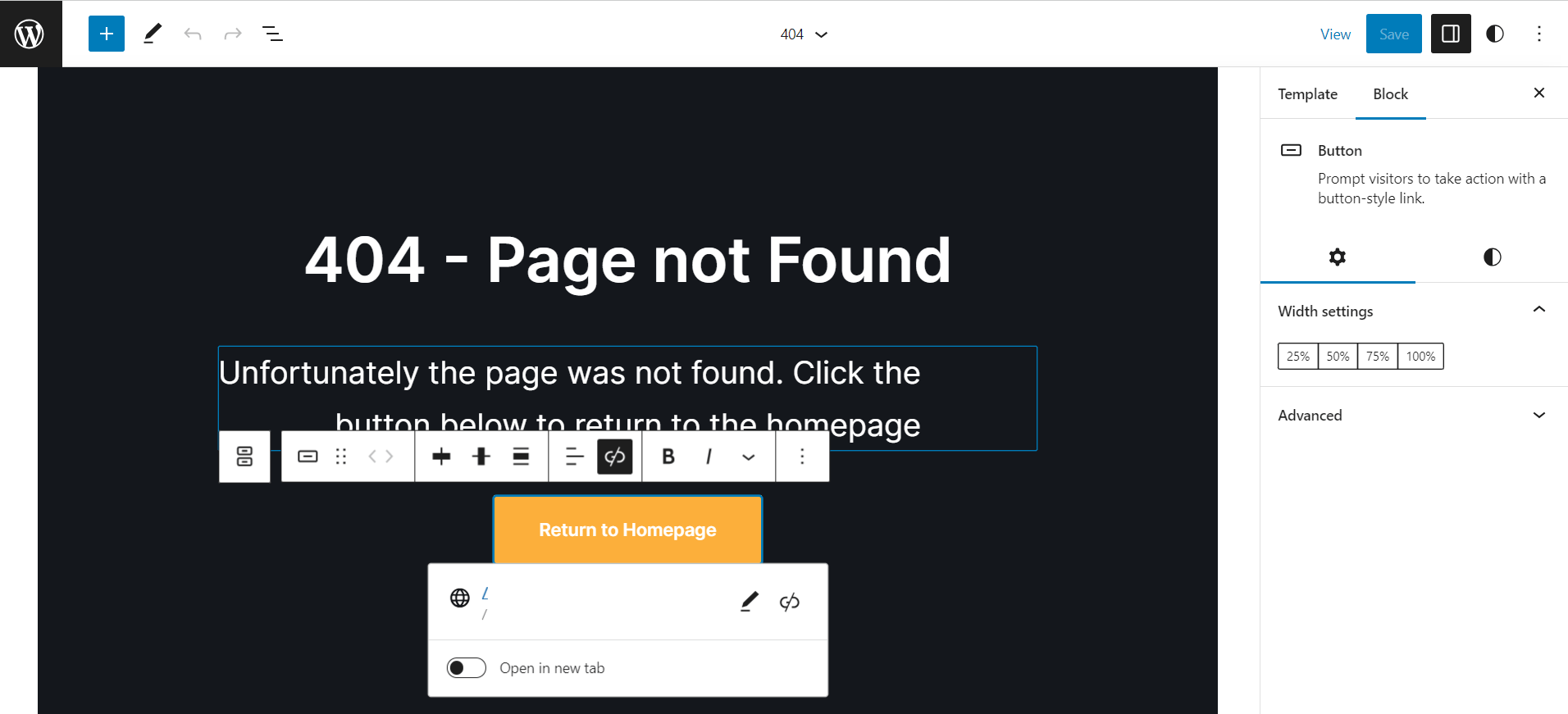 customize the 404 page template in Neve FSE