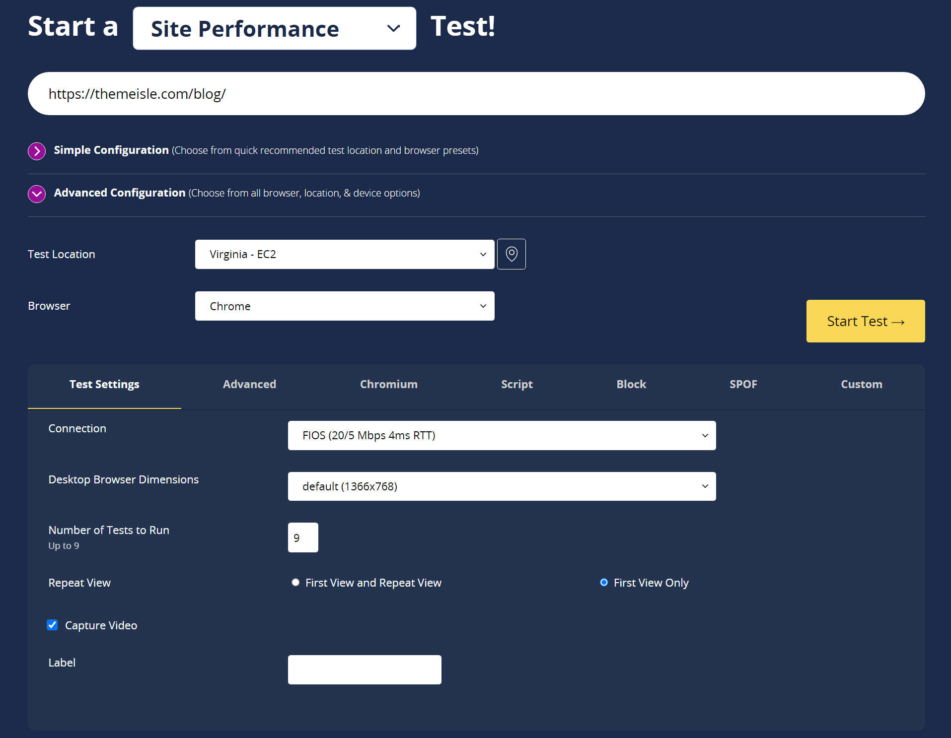 WebPageTest advanced configuration