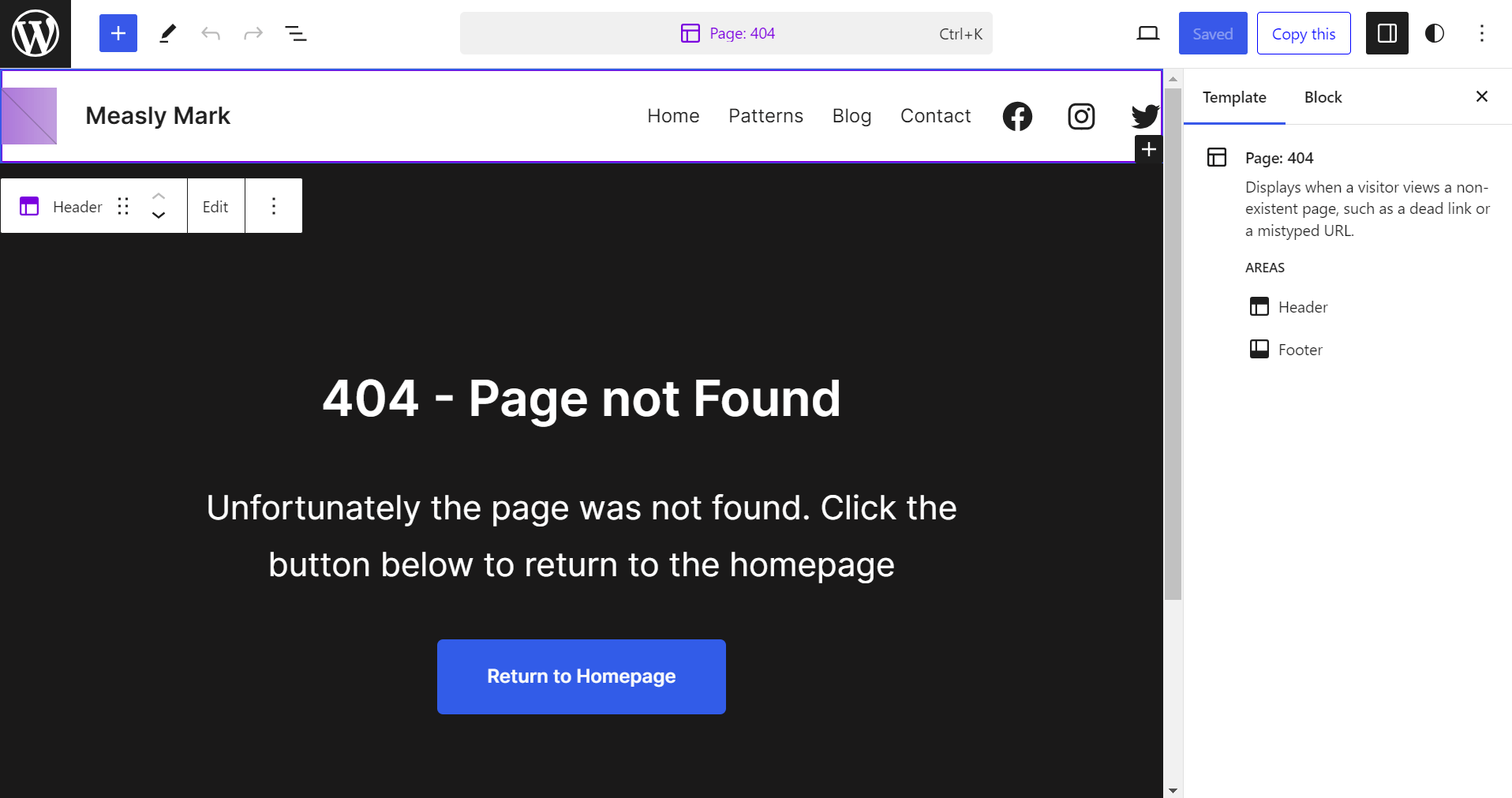 404 page for a WordPress block theme. 