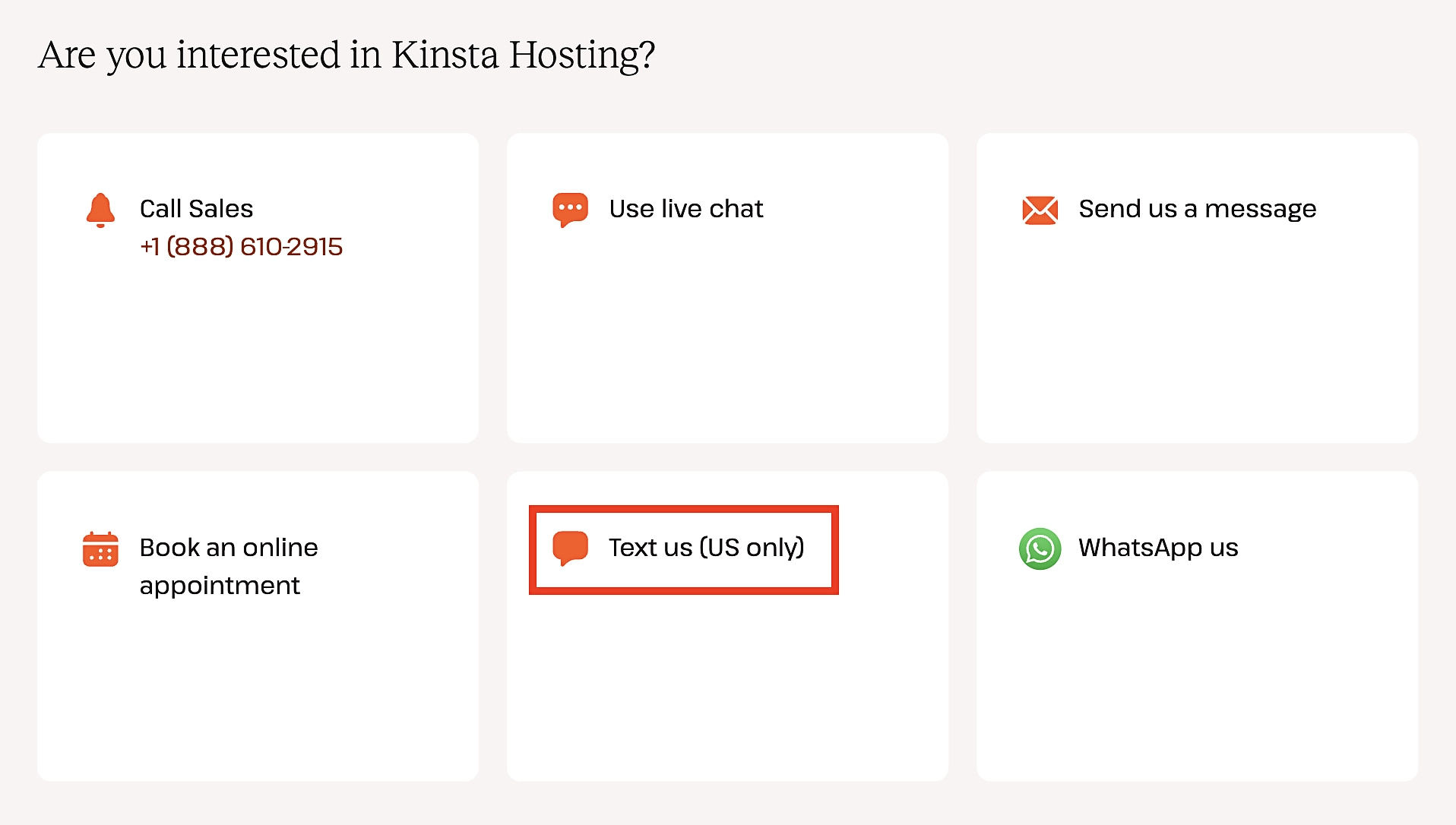 Text message option for Kinsta U.S. customers.