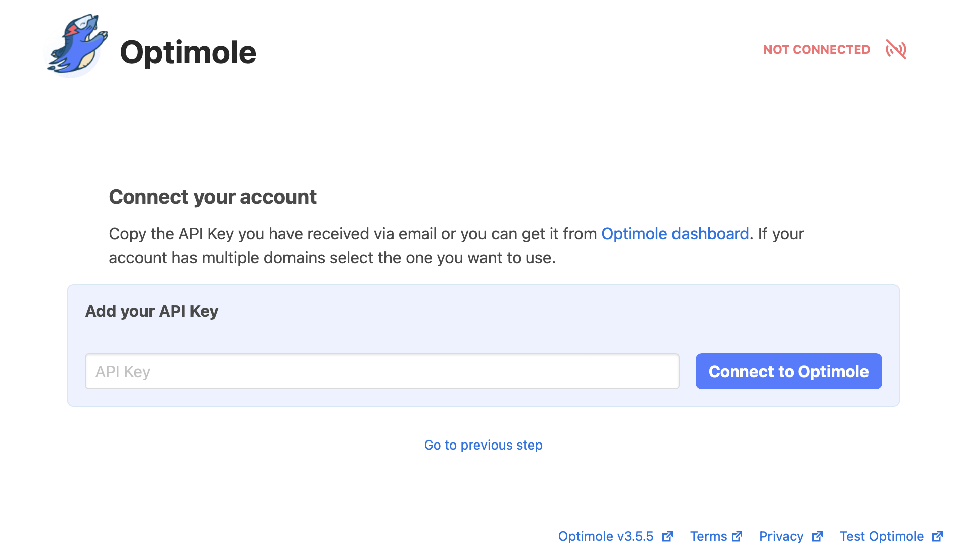 Enter Optimole API key to connect to your account