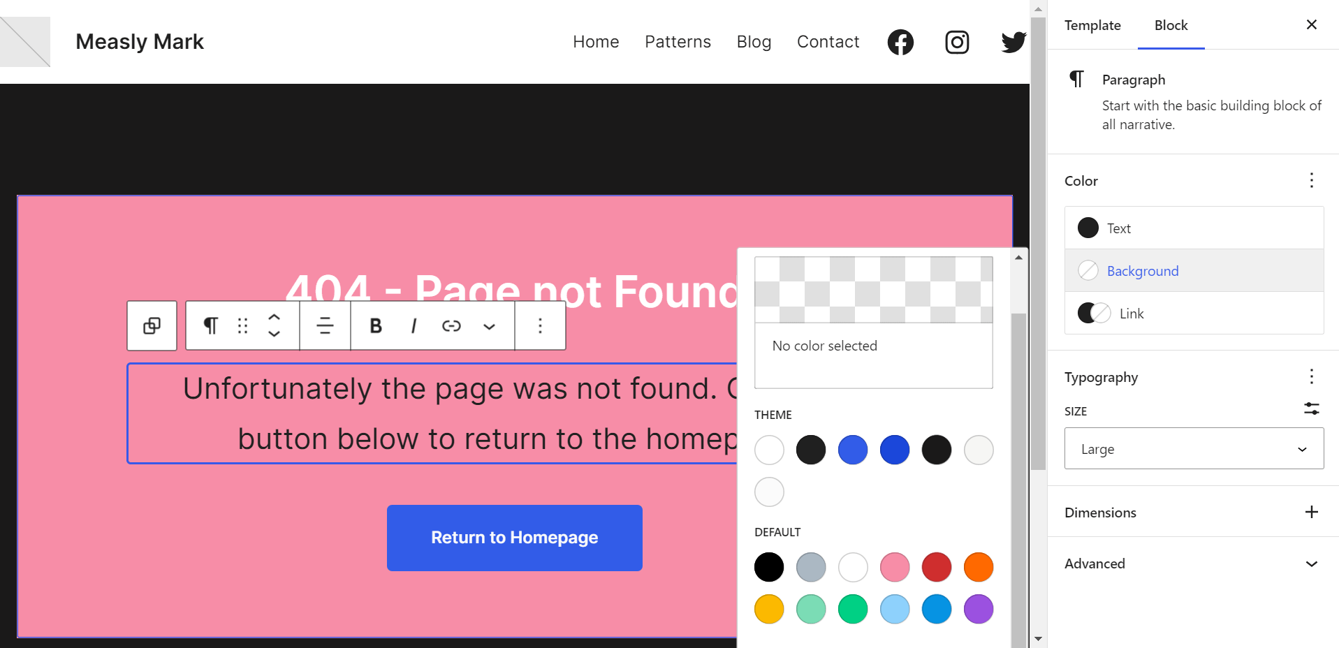 Editing a 404 page template for a WordPress block theme. 