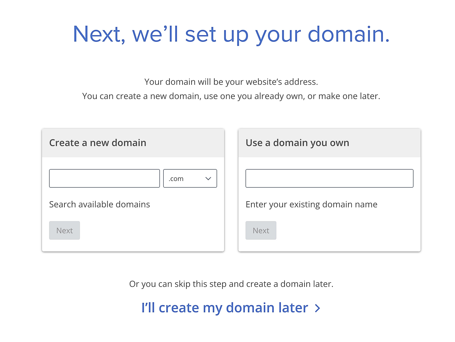 Being prompted to set up a domain in the Bluehost setup process.