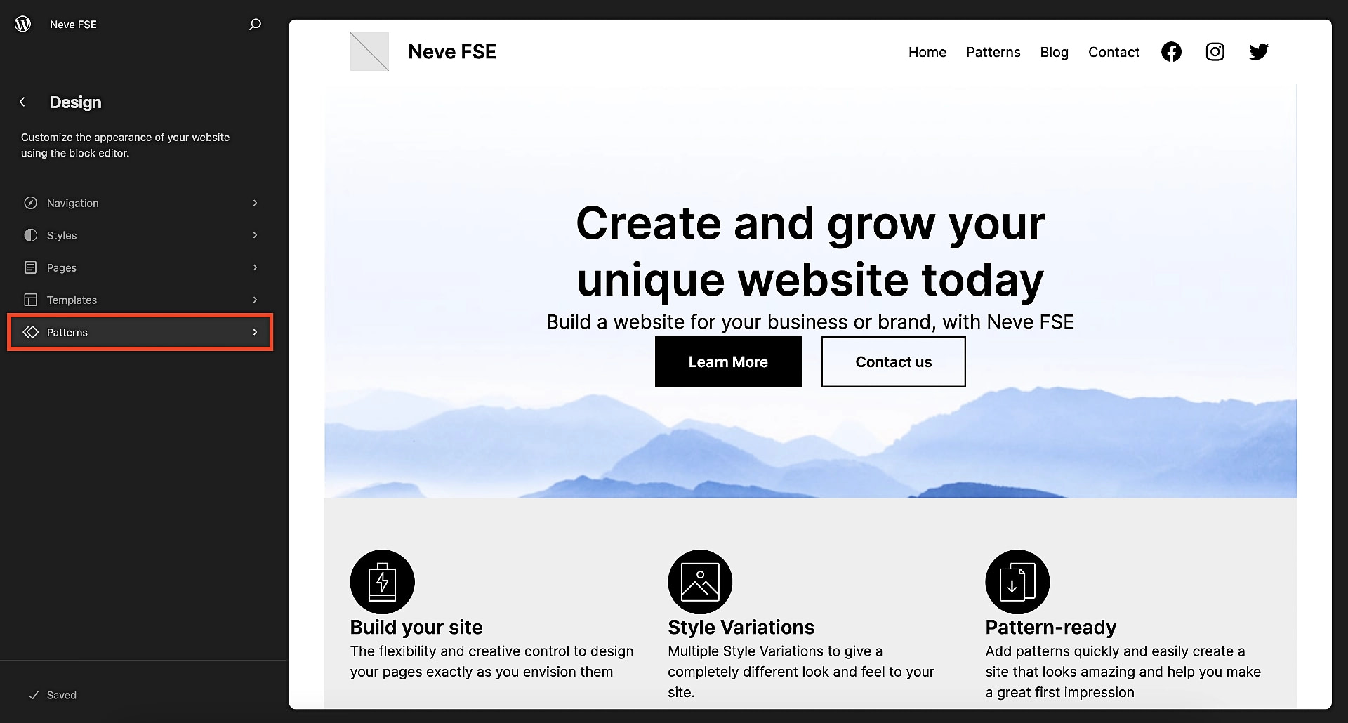 Accessing the patterns section inside the Full Site Editor.