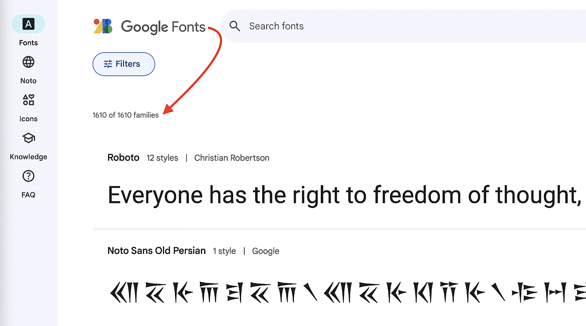 The Google Fonts homepage.