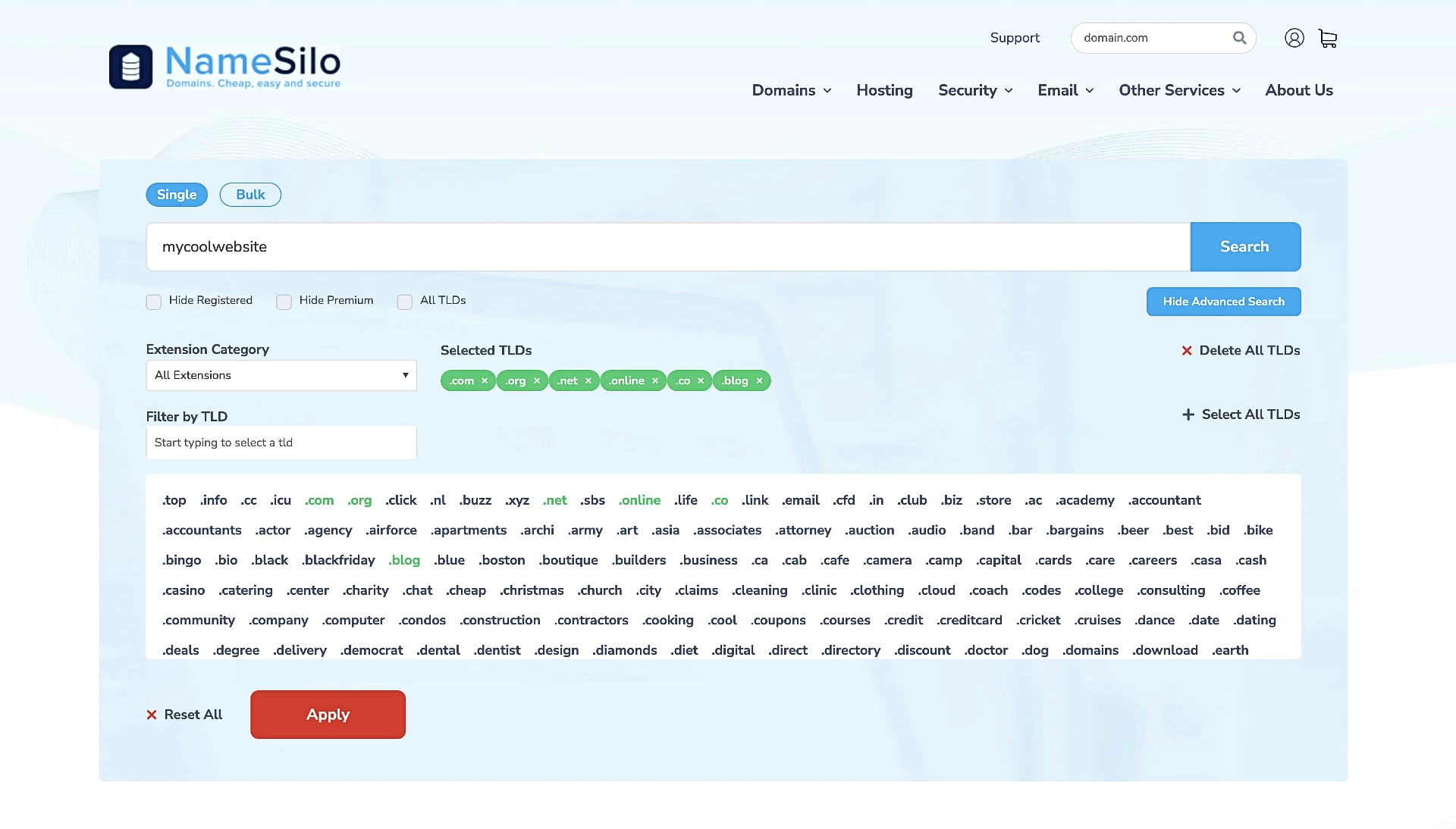 NameSilo domain search page.