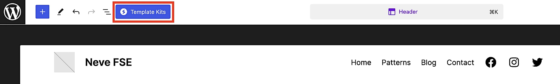 Template Kits button inside the Full Site Editor.