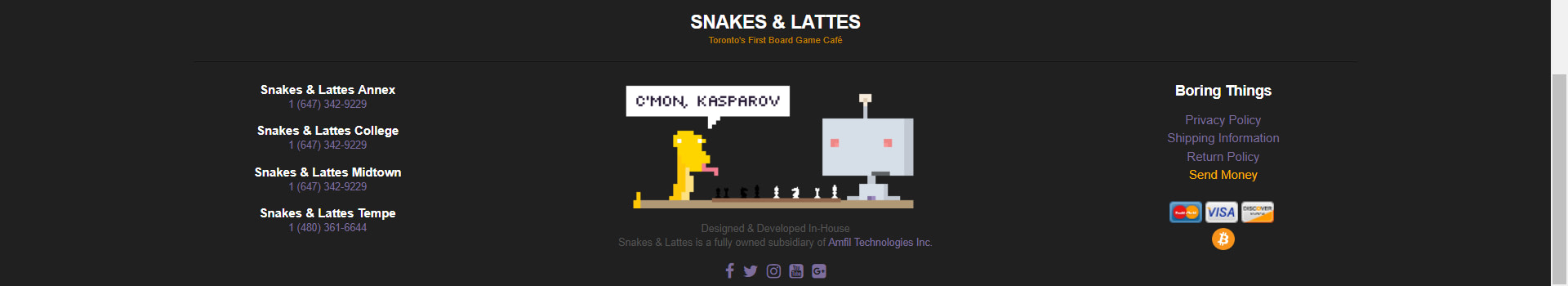 Snakes and Lattes displaying its various locations
