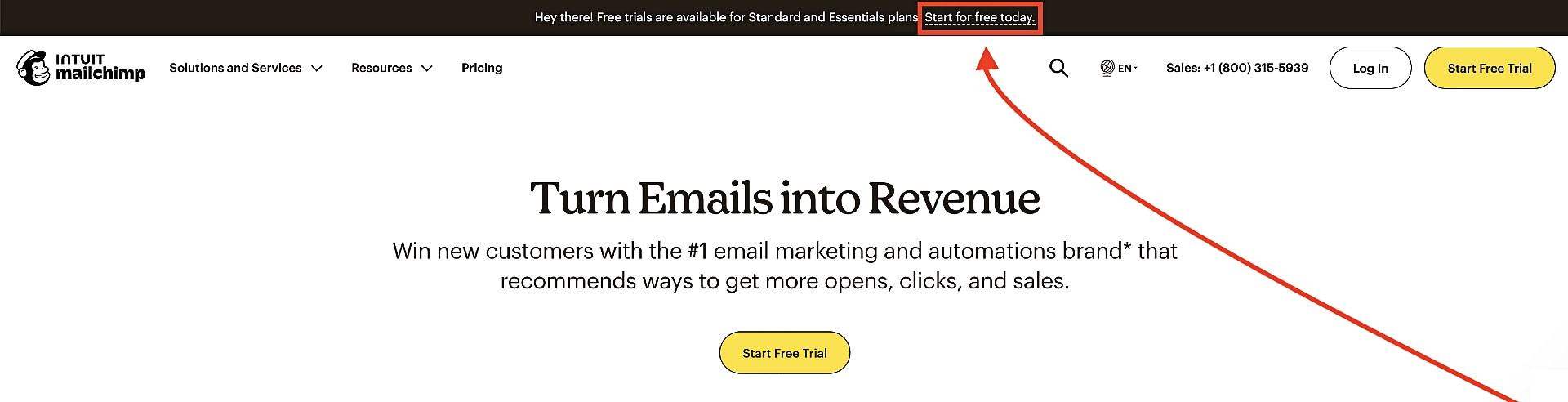 Click "start for free today" on the MailChimp homepage.