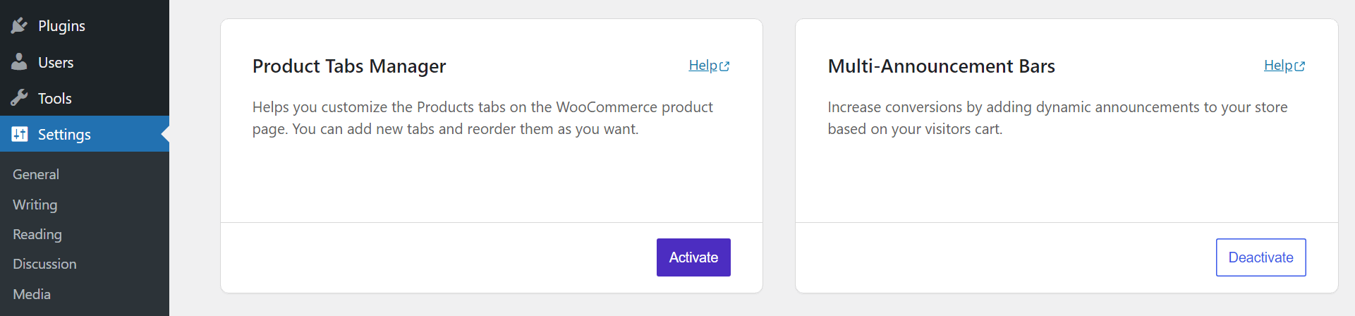 Activating the products tab manager in the Sparks WooCommerce settings.