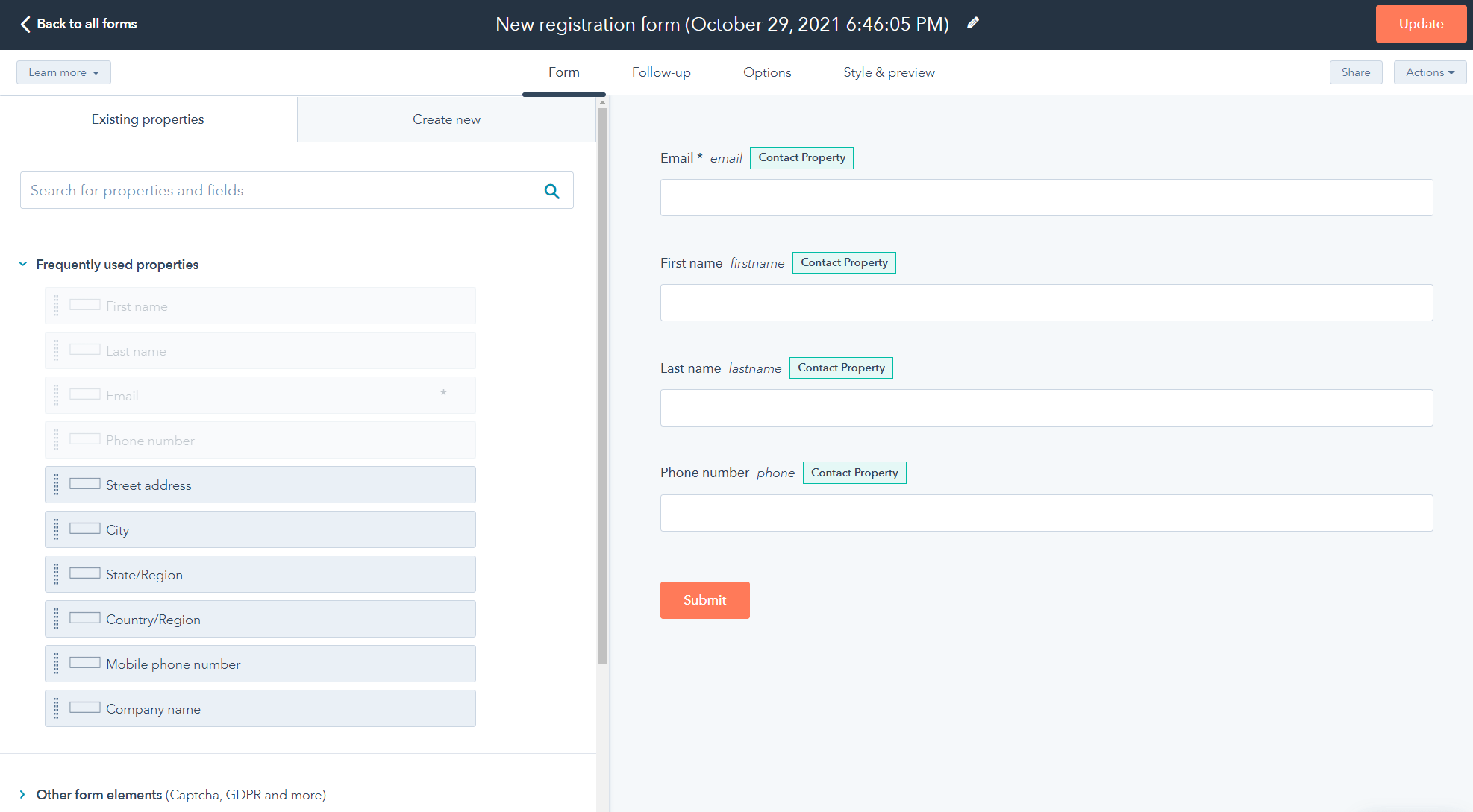 Building a form in HubSpot Forms.