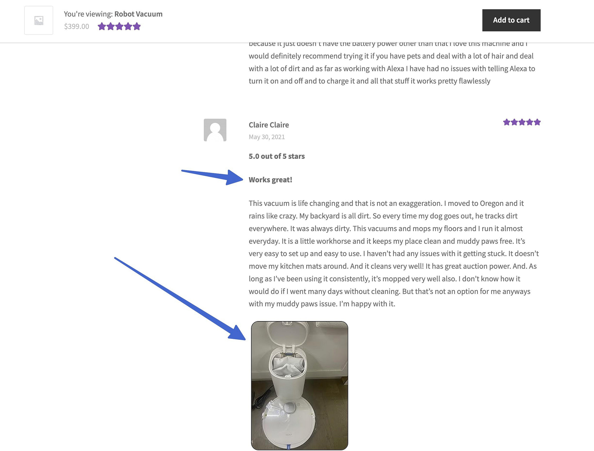 Images on a review after you import Amazon reviews to WooCommerce.