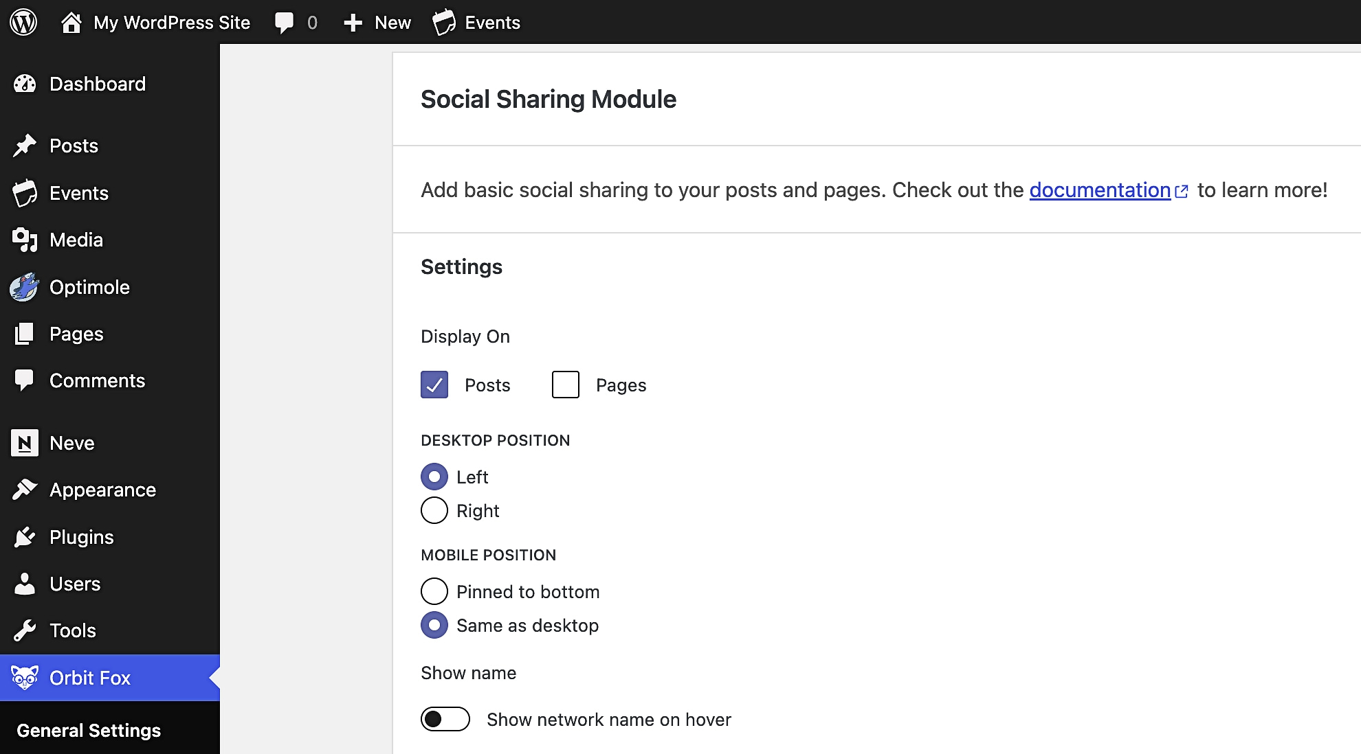 Adjusting social share icon settings in Orbit Fox