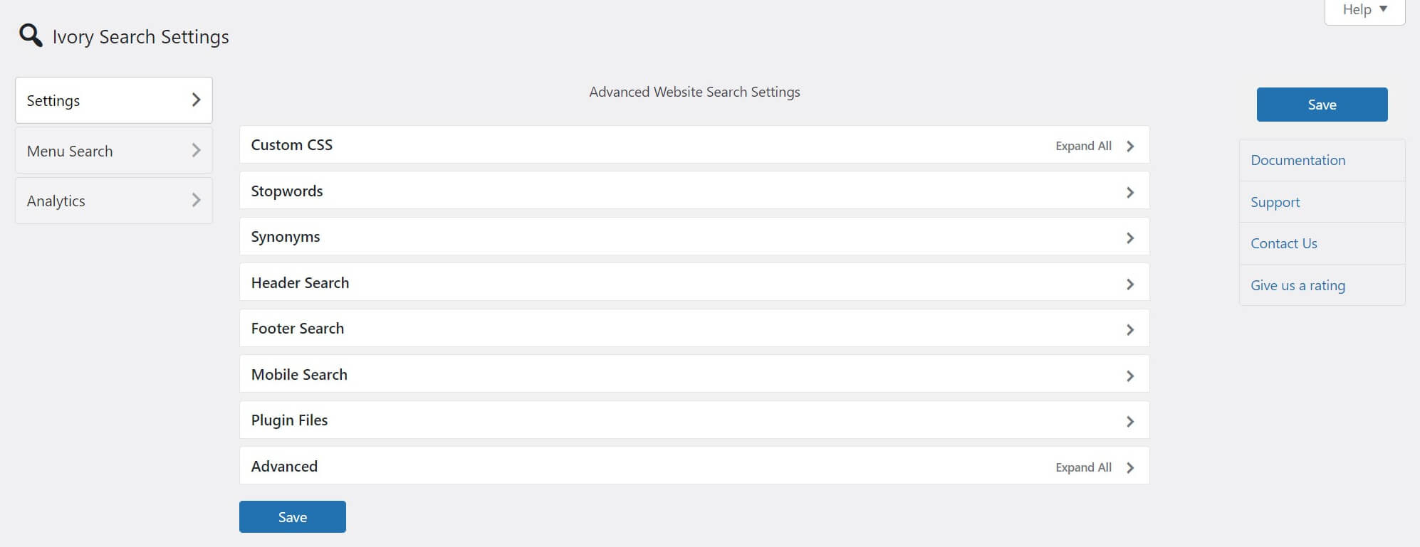The Ivory Search settings screen.