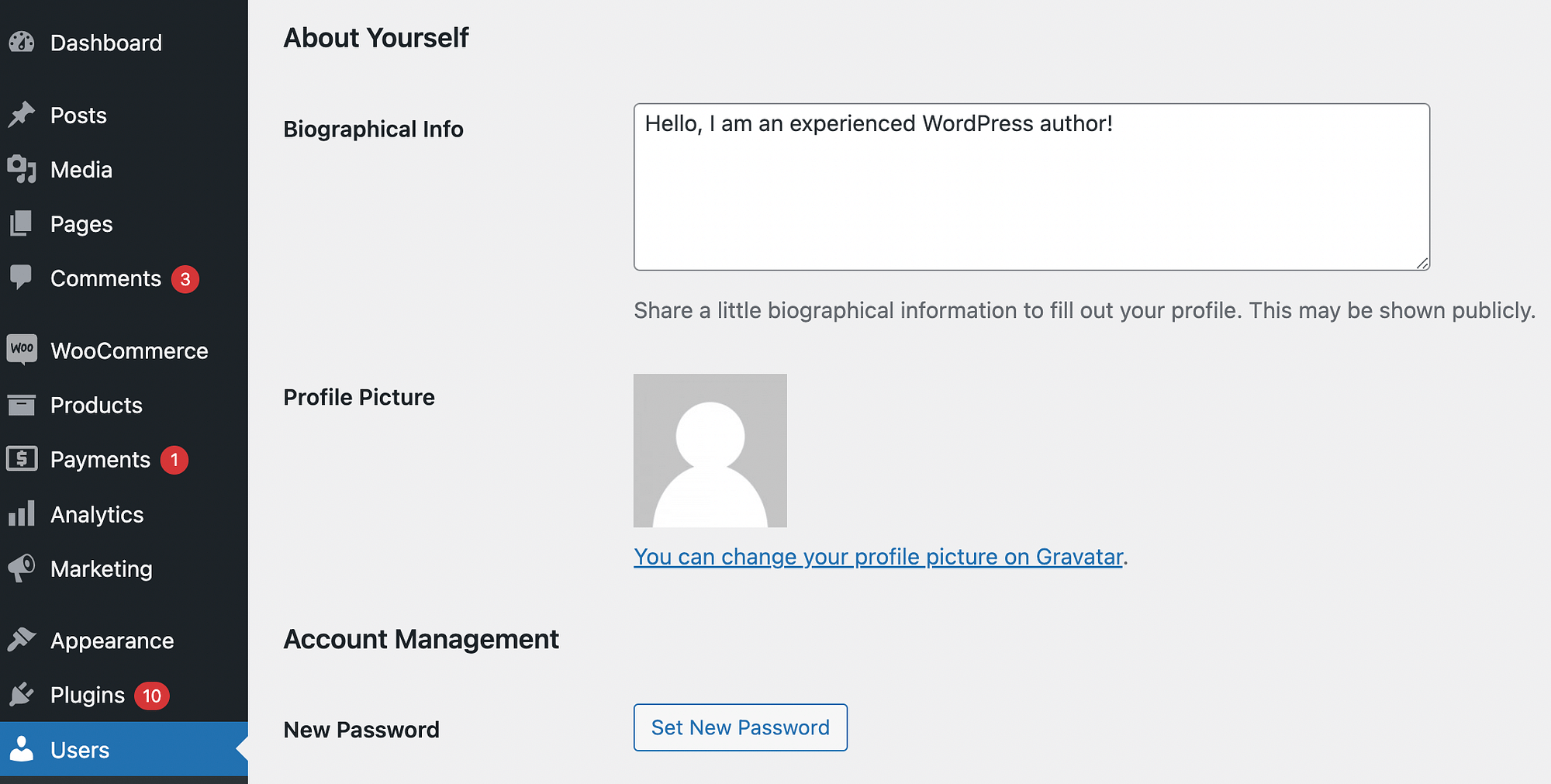 WordPress author bio settings.