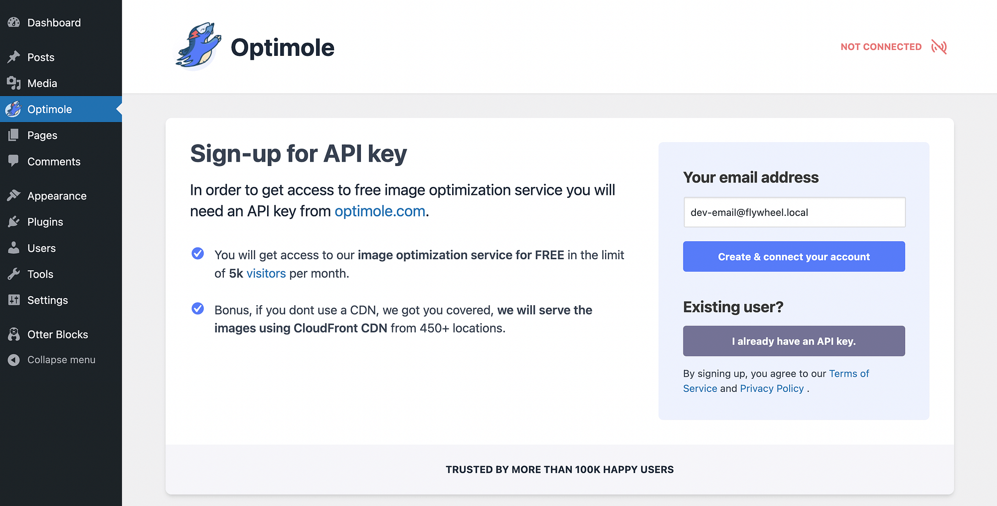 Connect WordPress to Optimole using an API key.