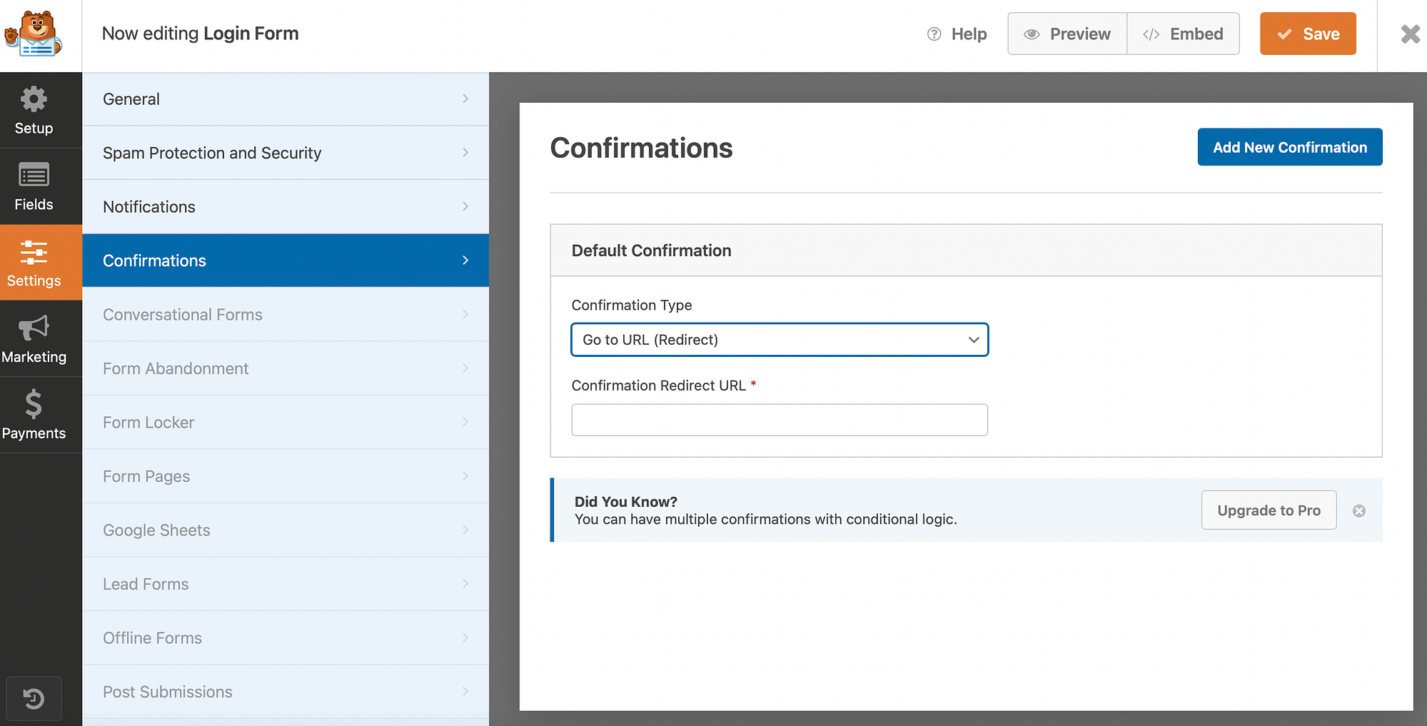 Make WordPress redirect after the login page with Confirmations in WPForms