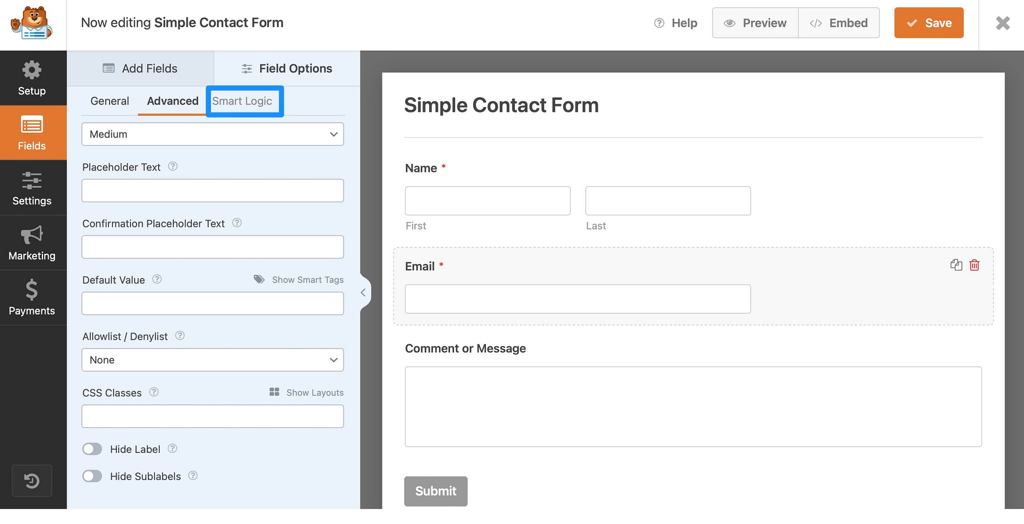 Setting up conditional logic in WPForms form builder.