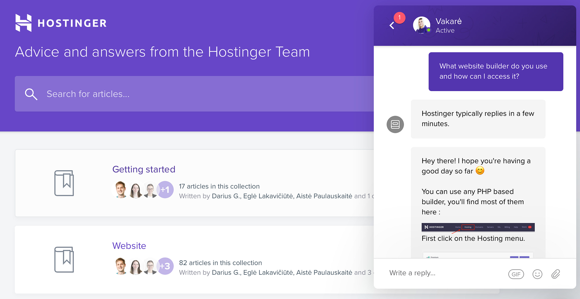 The Hostinger live support chat window.