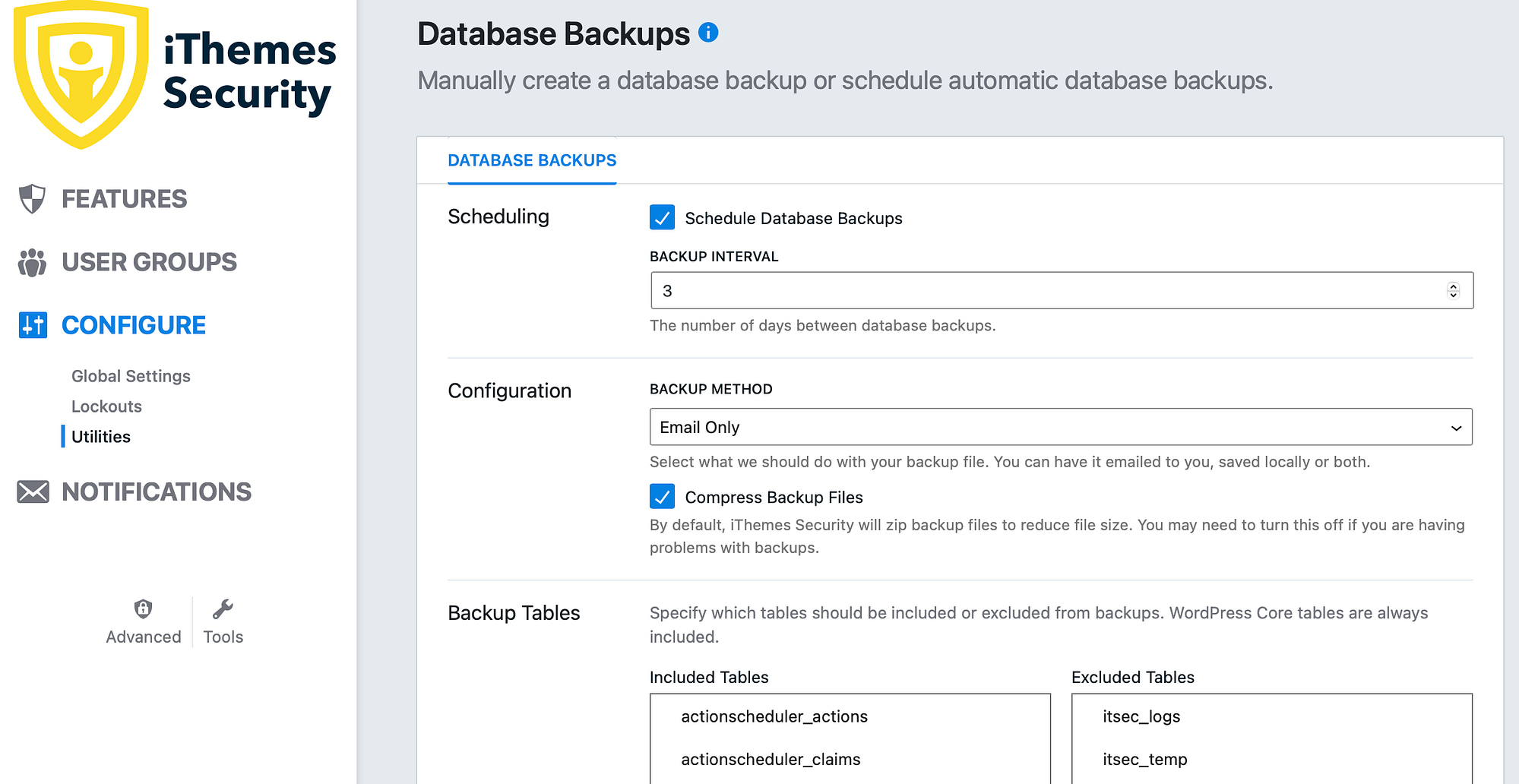 iThemes database backups screen.