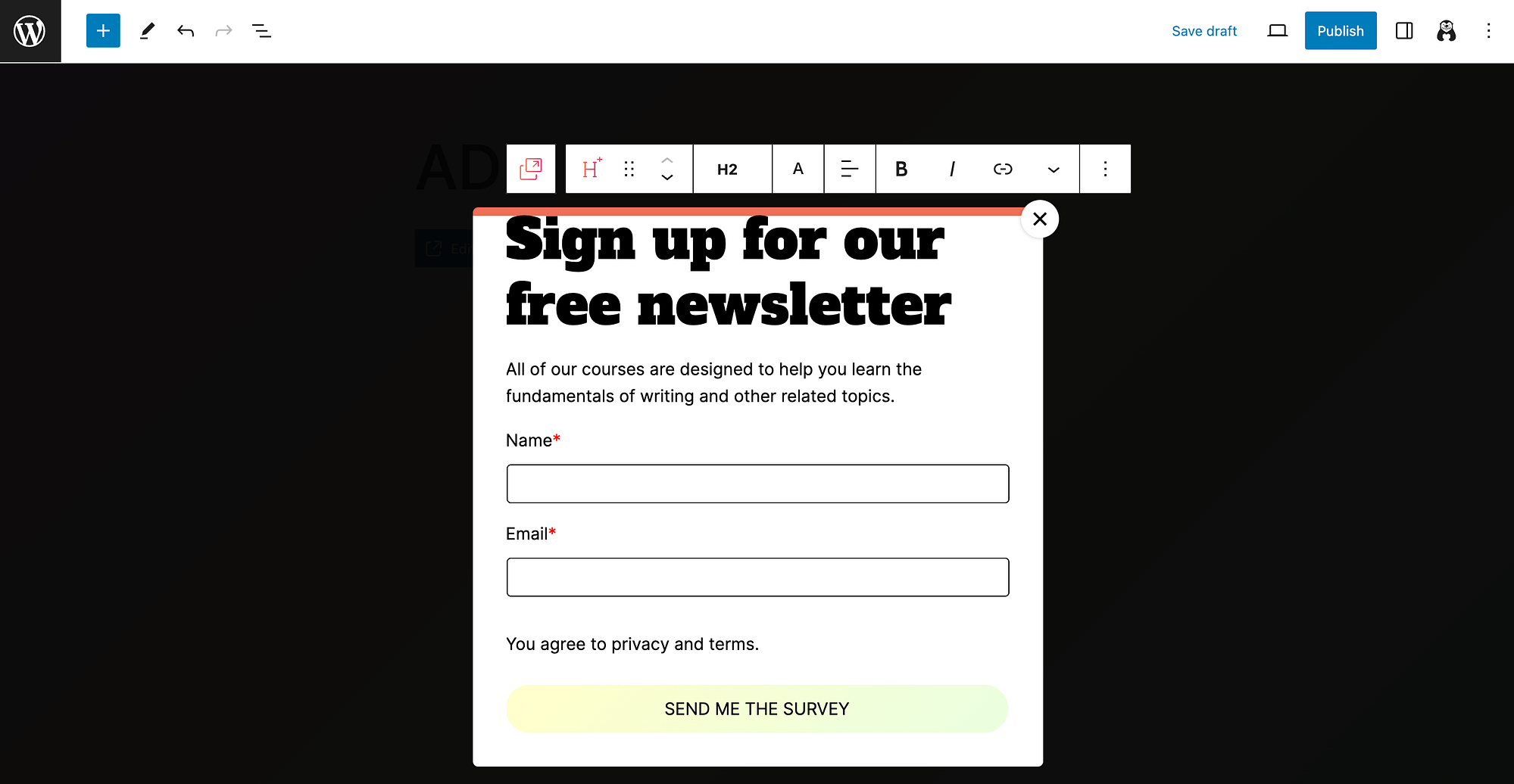 Editing text on your form popup.