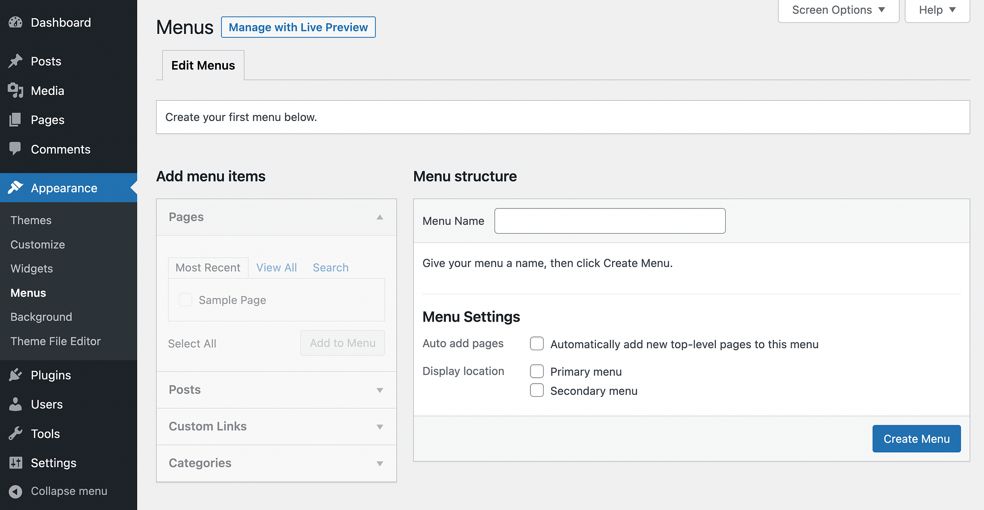 Creating a menu using a classic theme.
