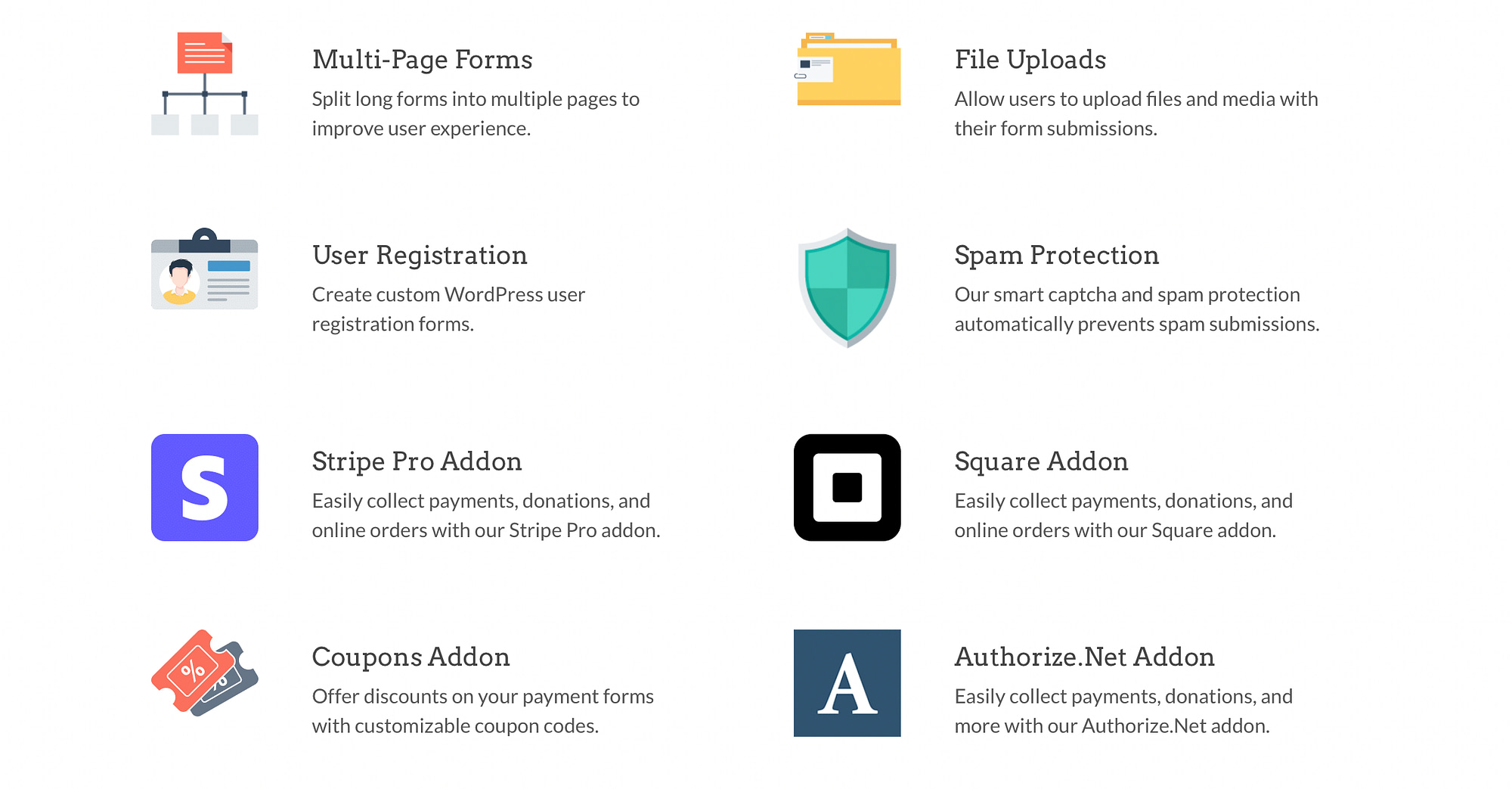 WPForms marketing integrations showing options for Stripe, Square, Authorize.net, and more.