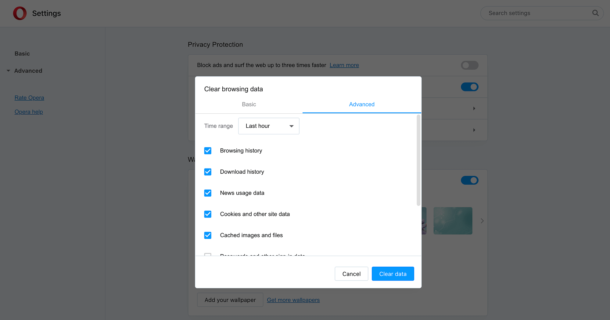 How to clear cache using Opera.