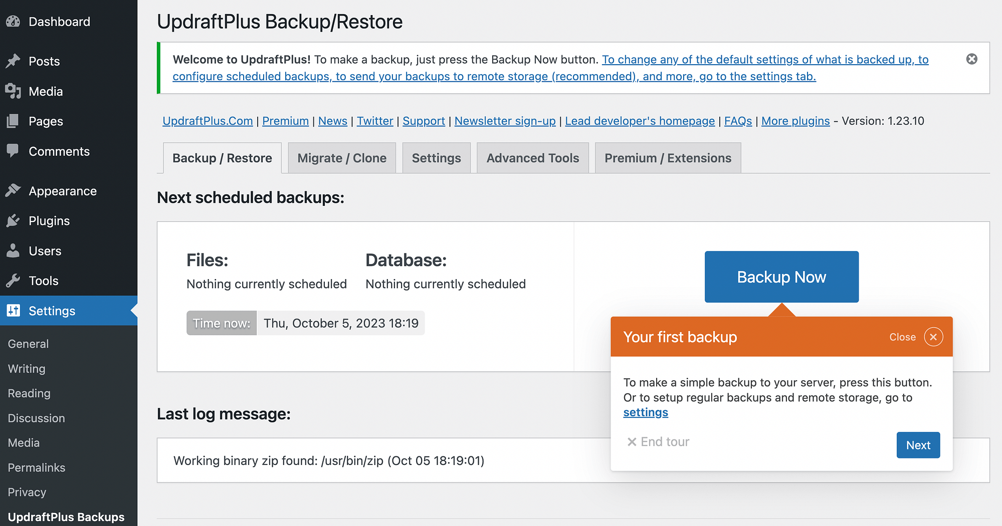 Creating your first backup in UpdraftPlus.
