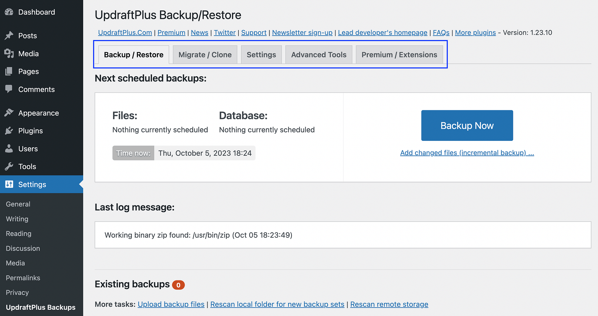UpdraftPlus settings in the WordPress dashboard.