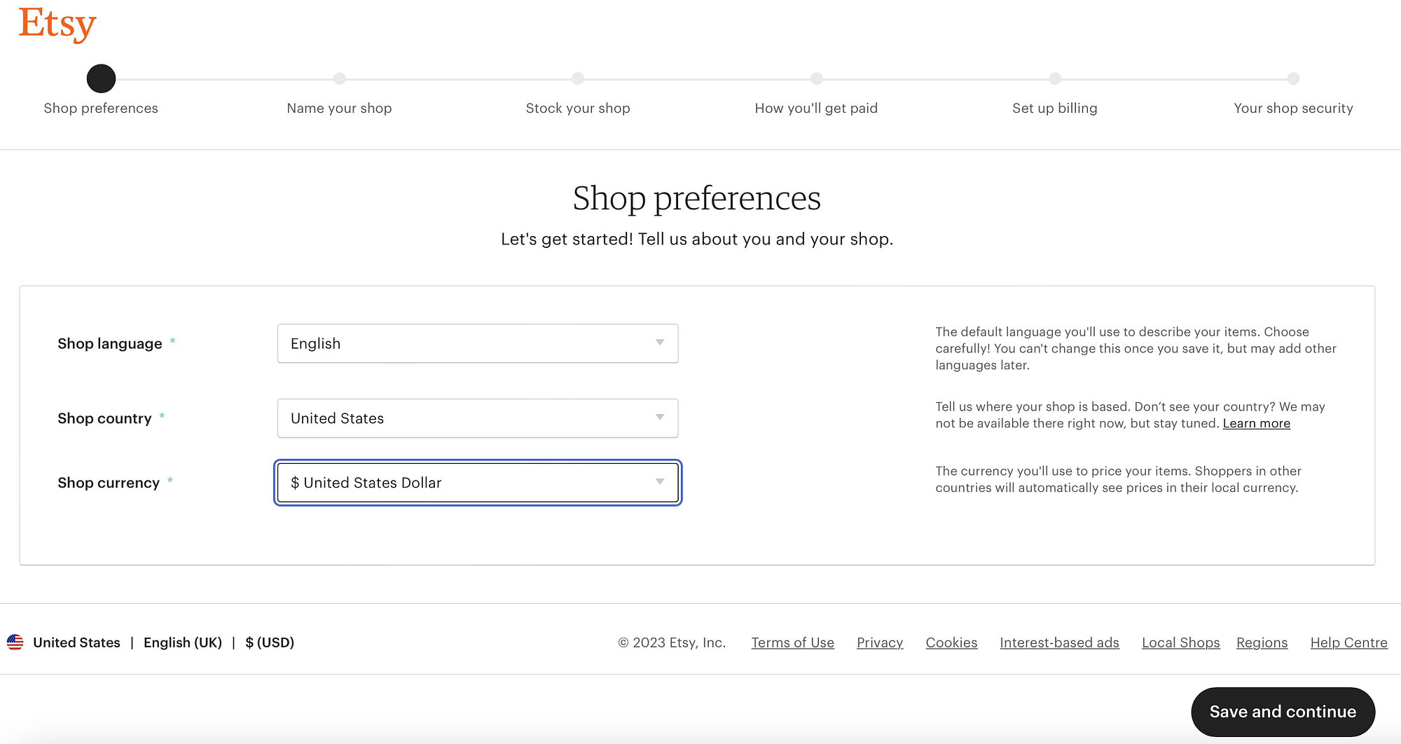 How to sell on Etsy by entering Etsy shop preferences for language, country, and currency.