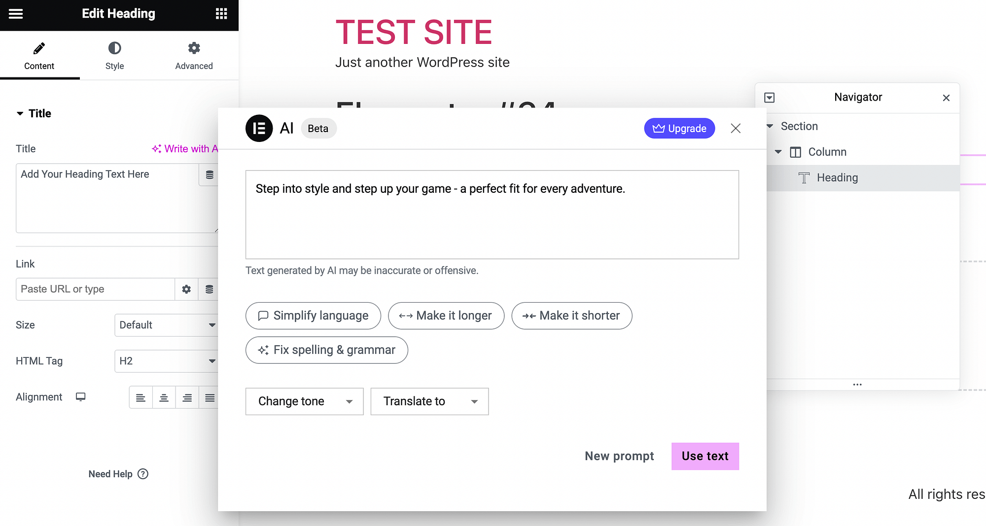 Example of marketing copy generated with Elementor AI.