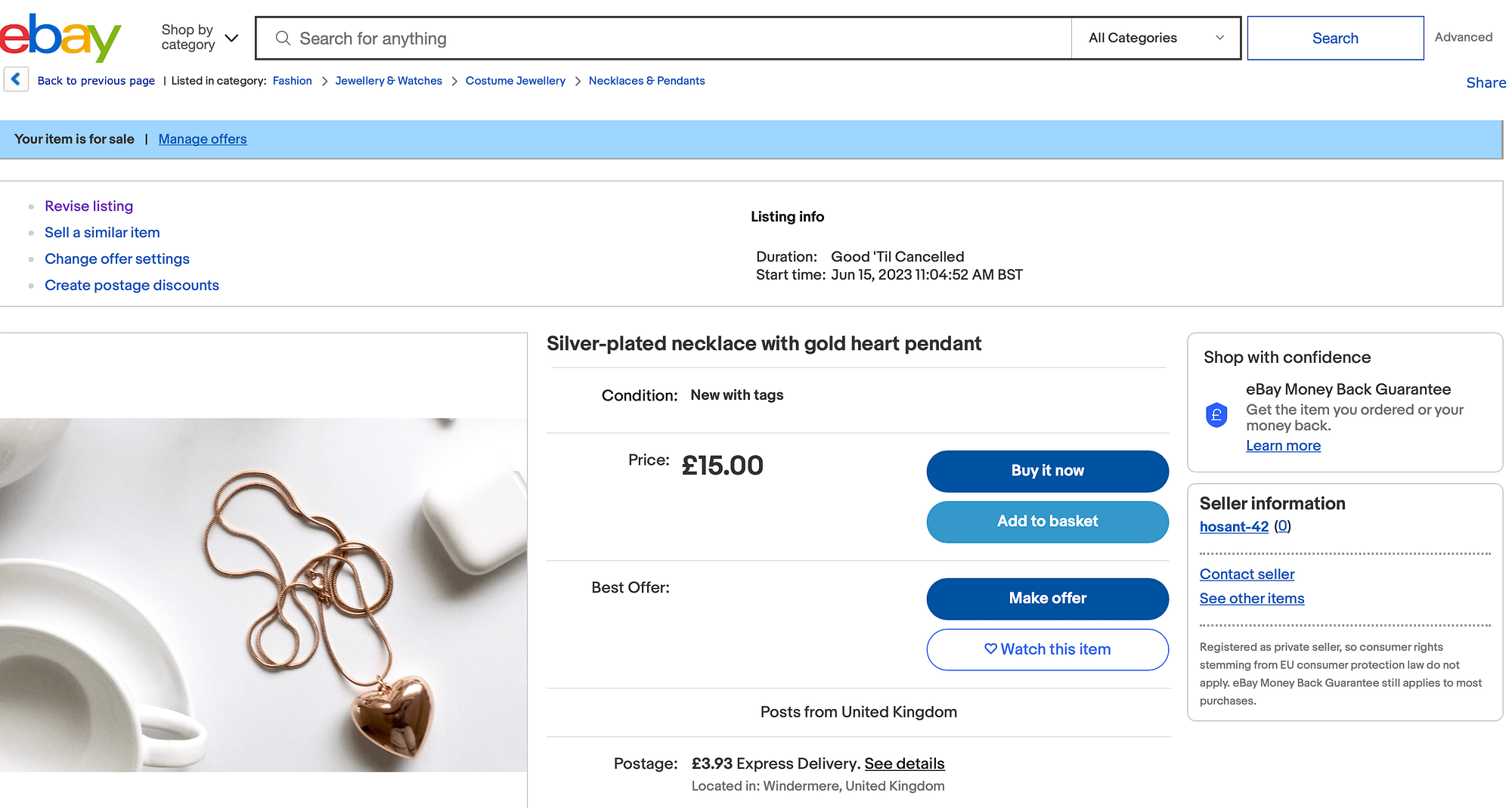 Пример объявления eBay ожерелья за 15 фунтов.