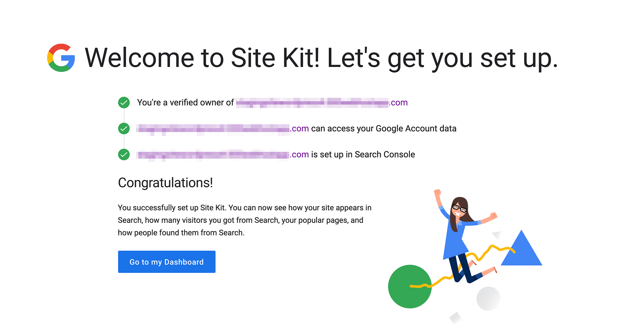 Приветственное сообщение Google Sit Kit.
